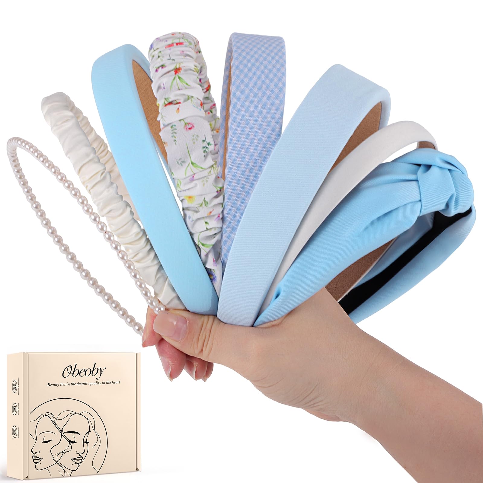 obeoby boxed pack of eight blue headbands, easy outfit matching