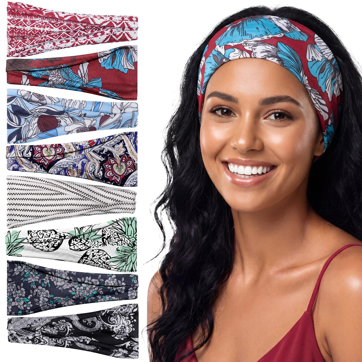 obeoby front view of all eight boho headbands, shows variety and easy outfit matching