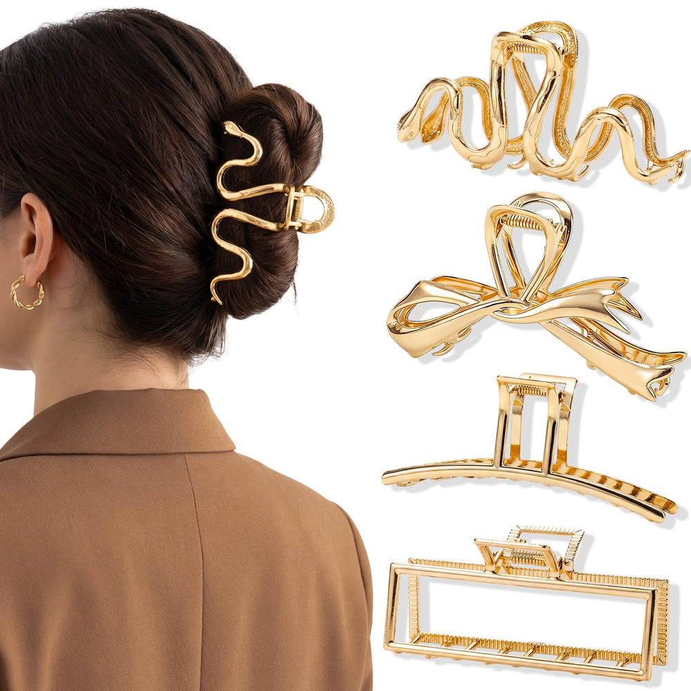 obeoby front view of four gold metal hair clips showing polished finish and designs, stylish accessory