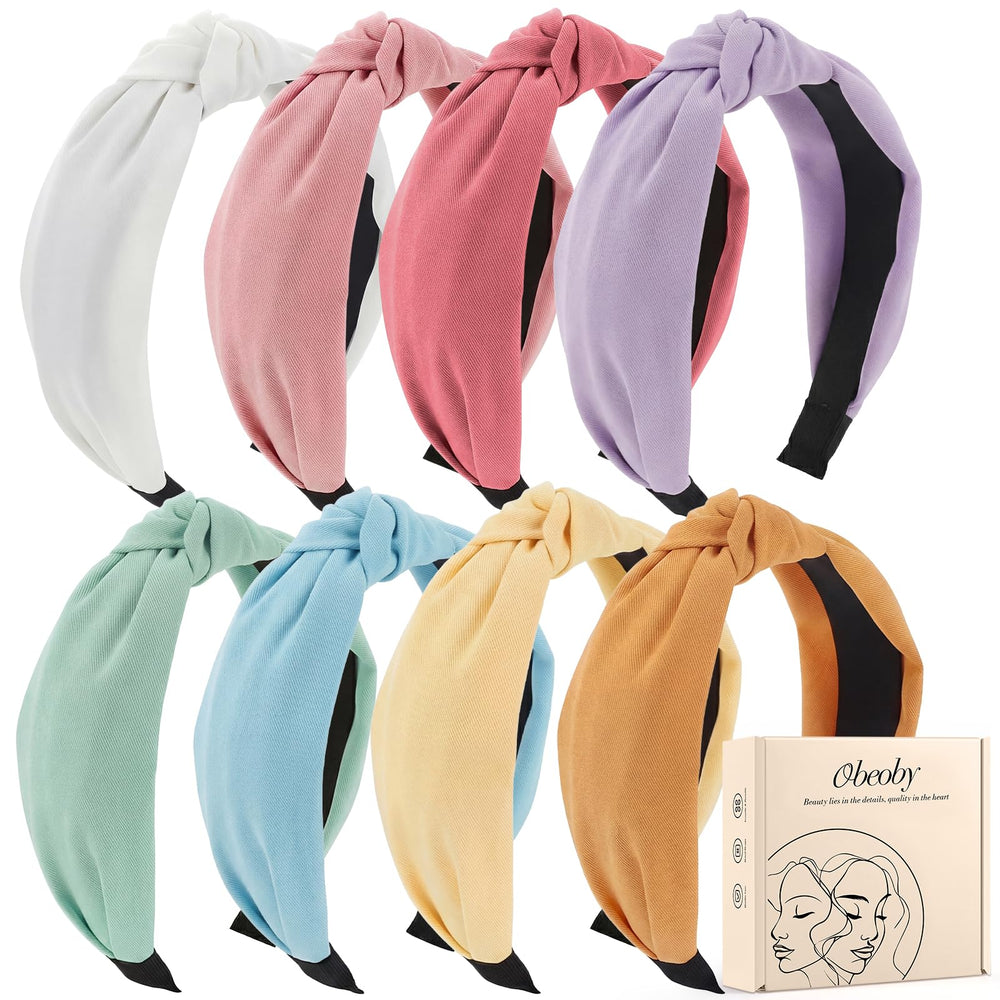 obeoby front view of eight headbands showing colors and packaging, versatile styling benefit