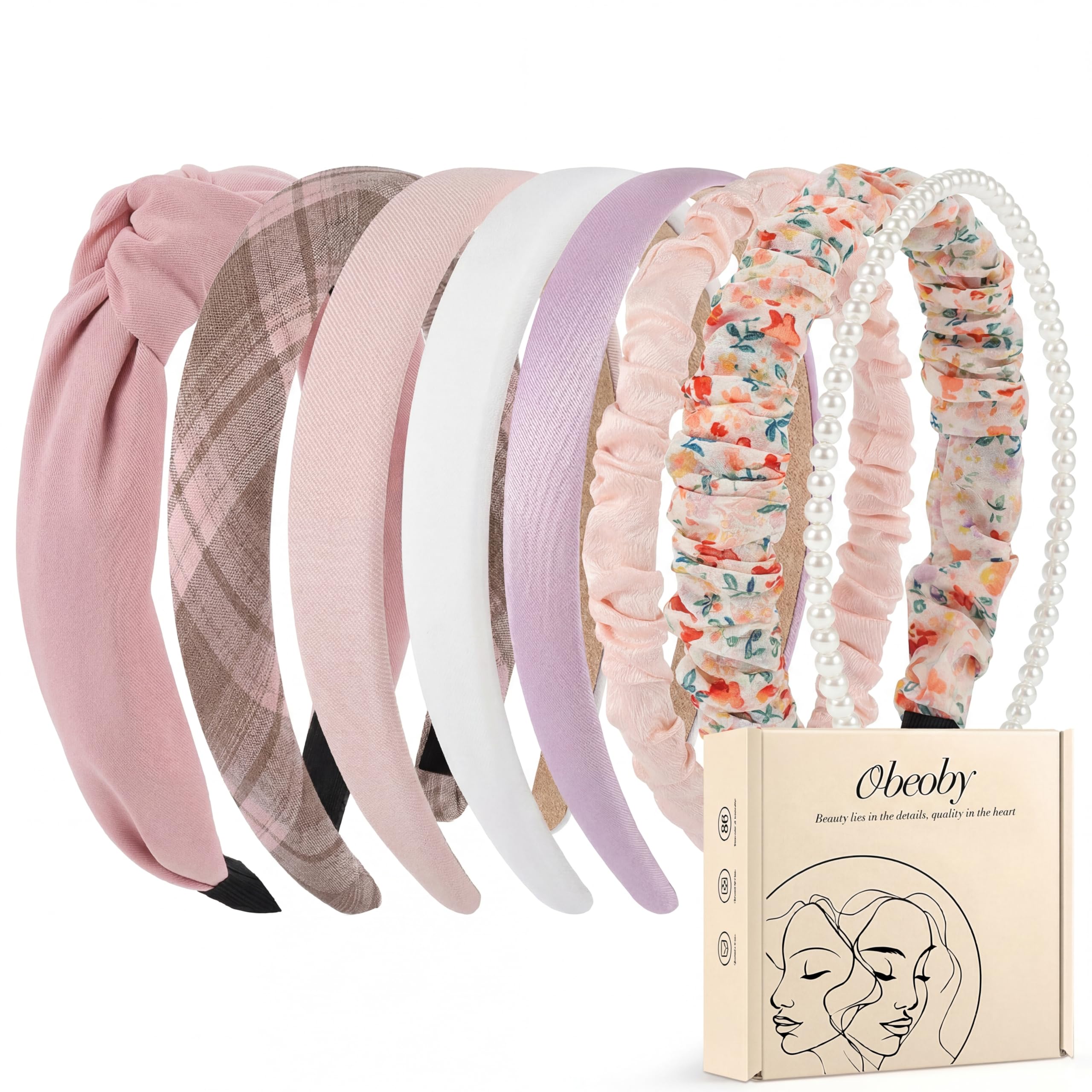 obeoby headbands front packaging showing eight colorful styles and gift-ready box benefit