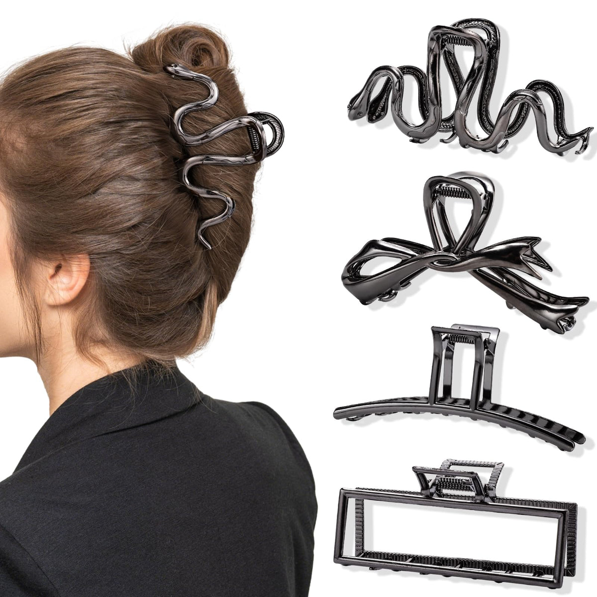 obeoby front view of four matte black metal hair clips showing the set and finish, durable everyday styling