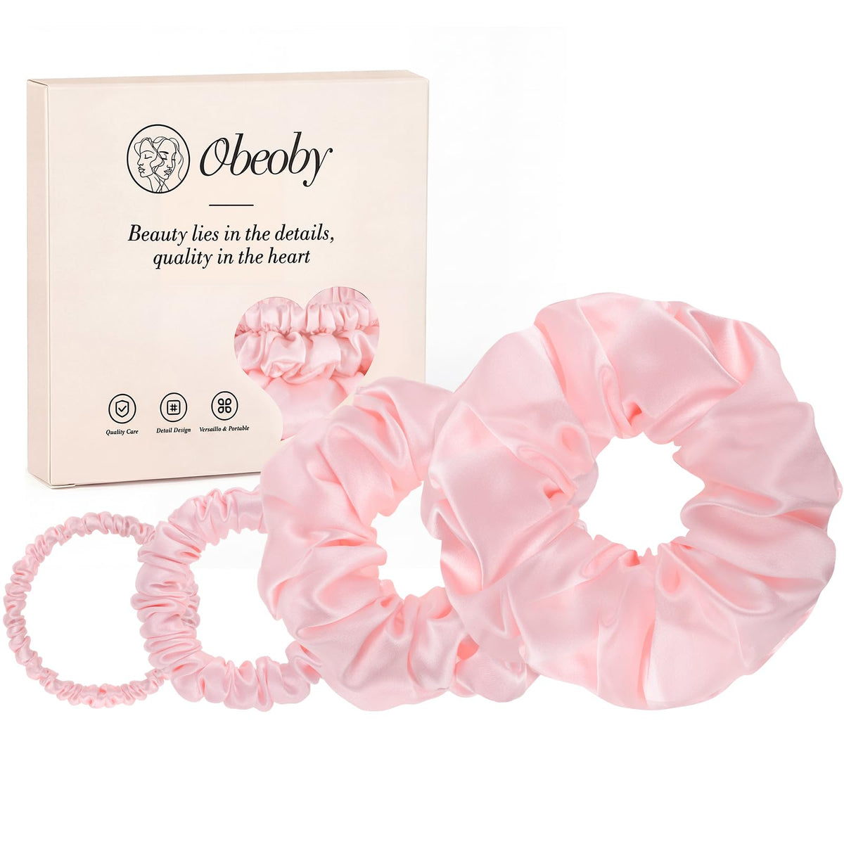 obeoby front packaging showing four pink scrunchies and travel convenience