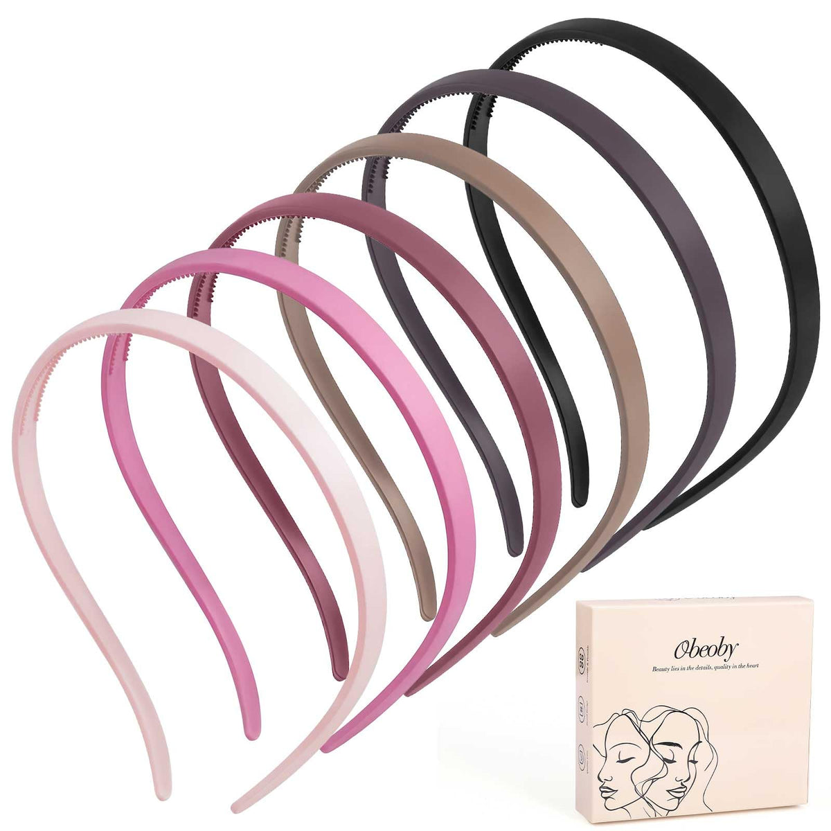 obeoby headbands front packaging showing six pink-series colors and benefits