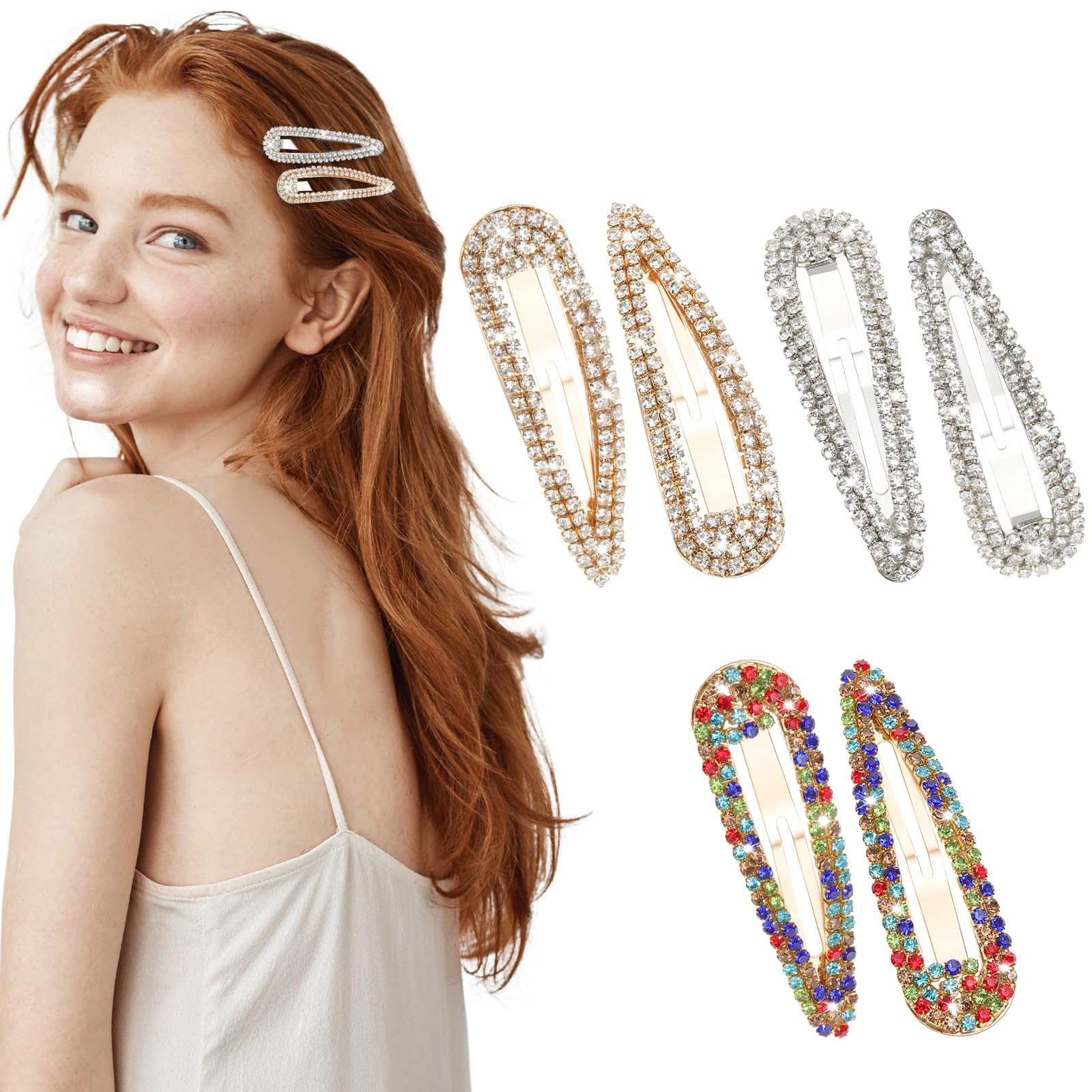 obeoby front view of six rhinestone snap clips showing packaging and colors, stylish storage benefit