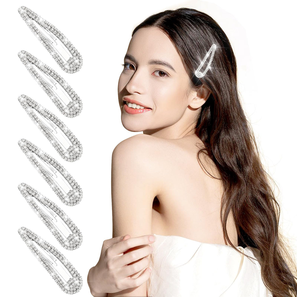 obeoby front view of six silver rhinestone snap hair clips for polished looks