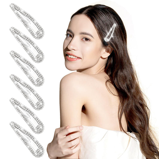 obeoby front view of six silver rhinestone snap hair clips for polished looks