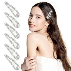 obeoby front view of six silver rhinestone snap hair clips for polished looks