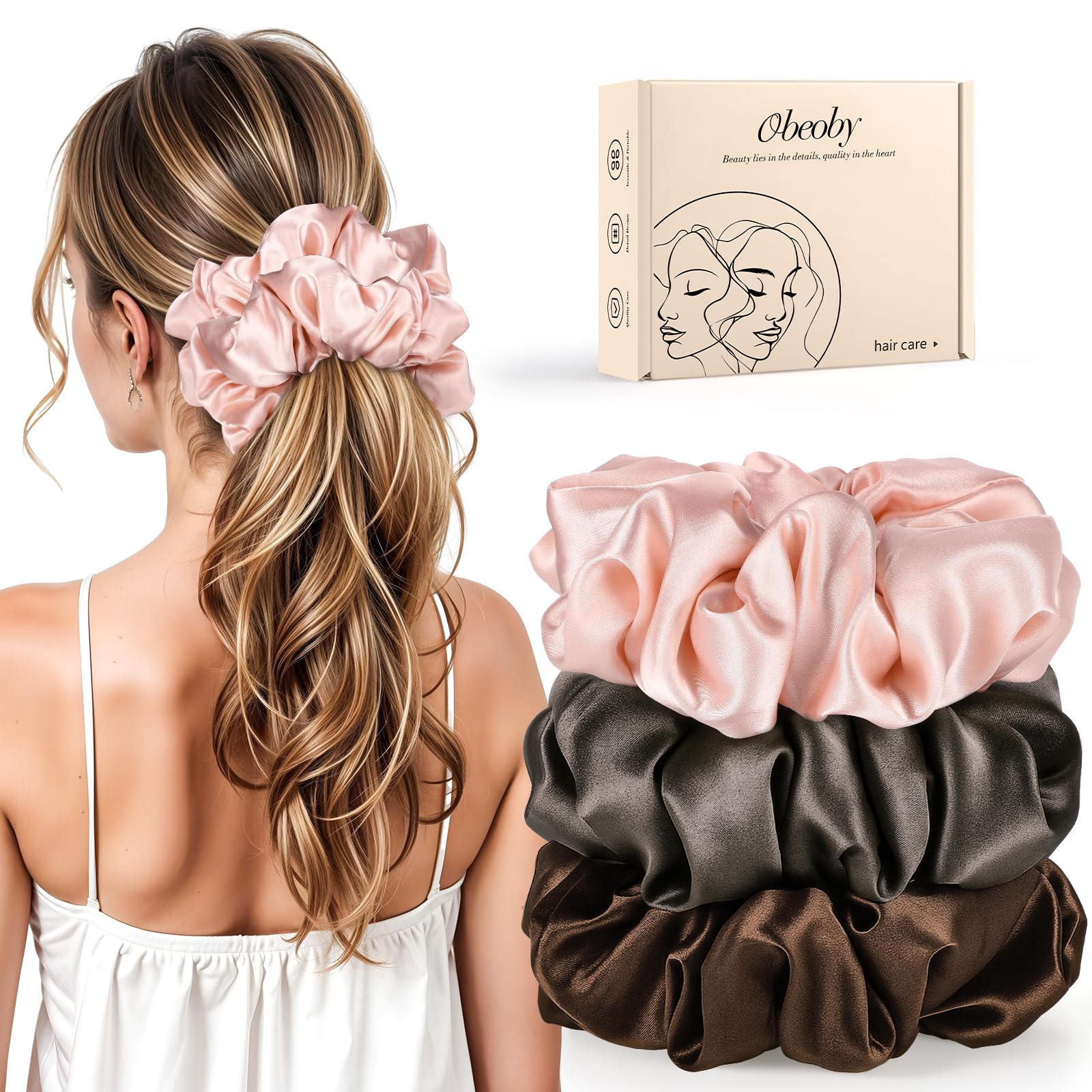 obeoby front packaging showing three large satin scrunchies, organized and gift-ready