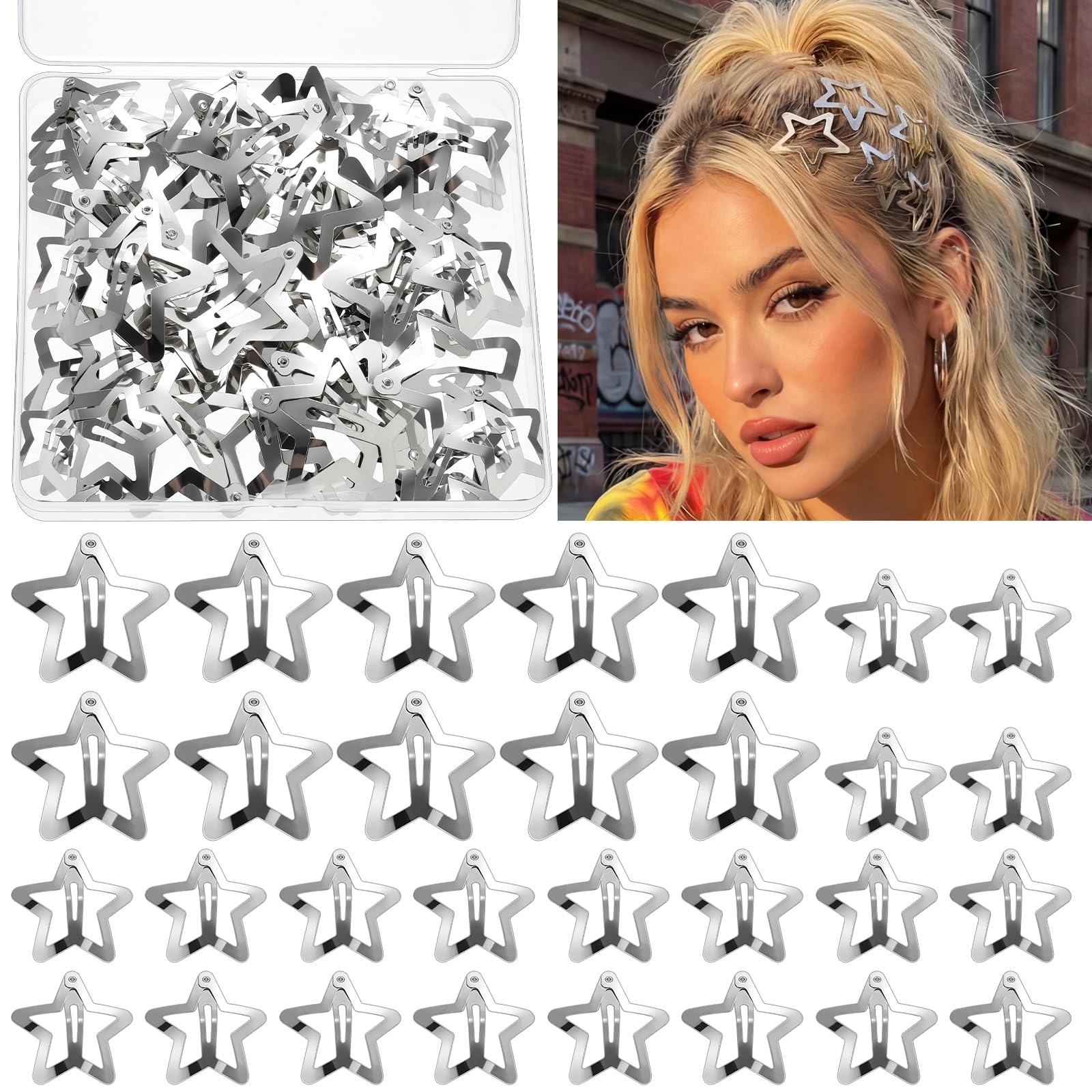obeoby front packaging showing 40 silver star clips for easy outfit accessorizing