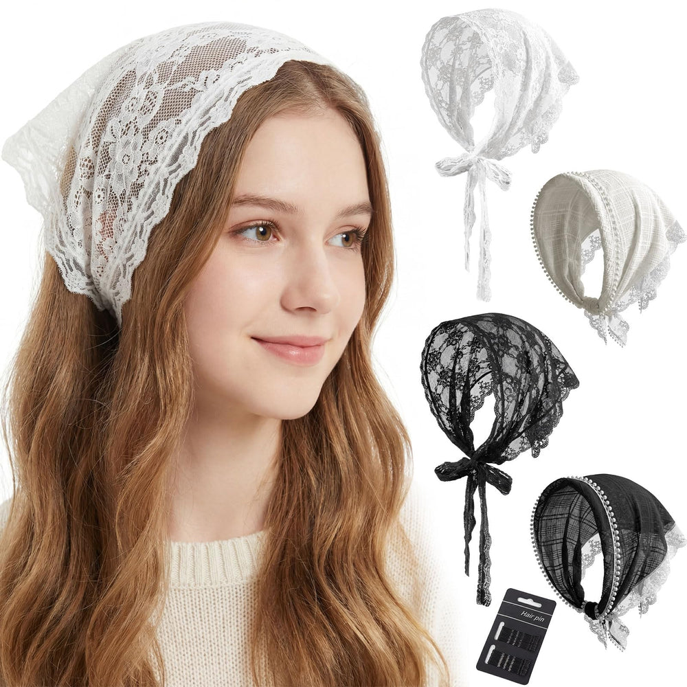 obeoby front packaging showing four white lace bandanas and neat fold benefit elegant gift