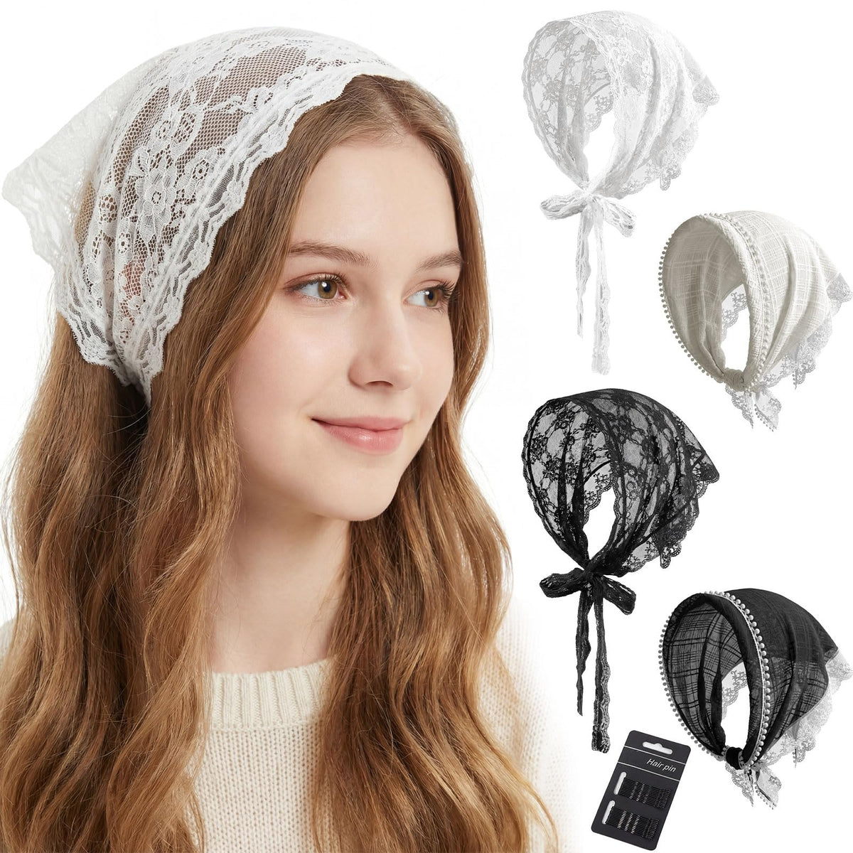 obeoby front packaging showing four white lace bandanas and neat fold benefit elegant gift