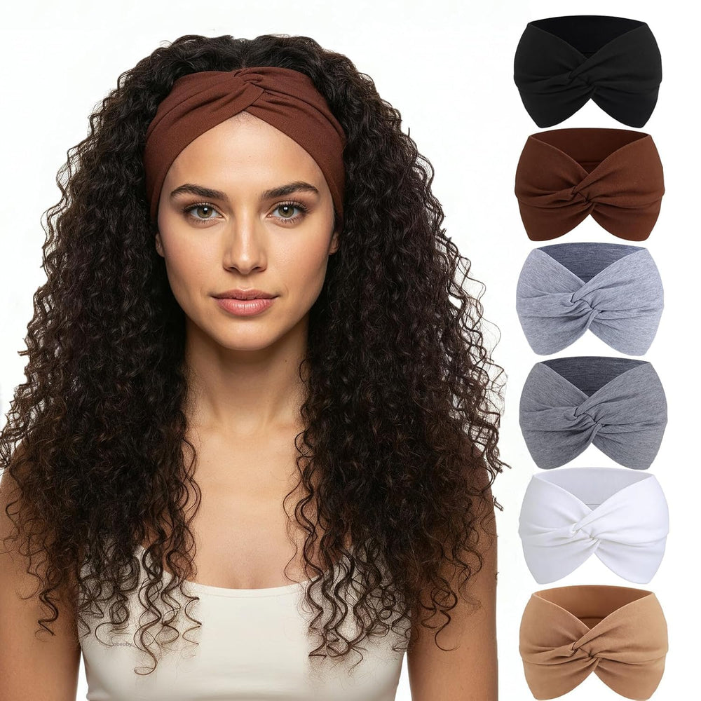 obeoby front view of 6-pack wide turban headbands showing neutral colors and coverage