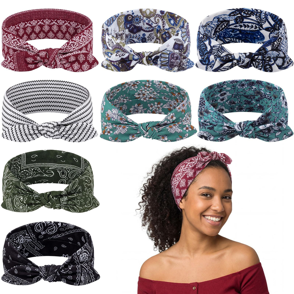 obeoby front pack view showing all eight boho headbands and patterns, easy outfit matching