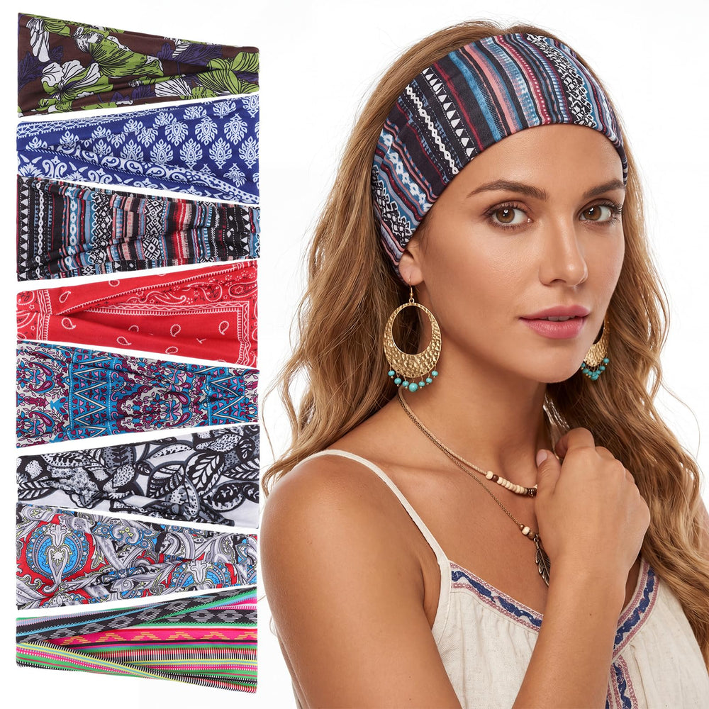 obeoby front packaging showing eight boho headbands and variety benefit