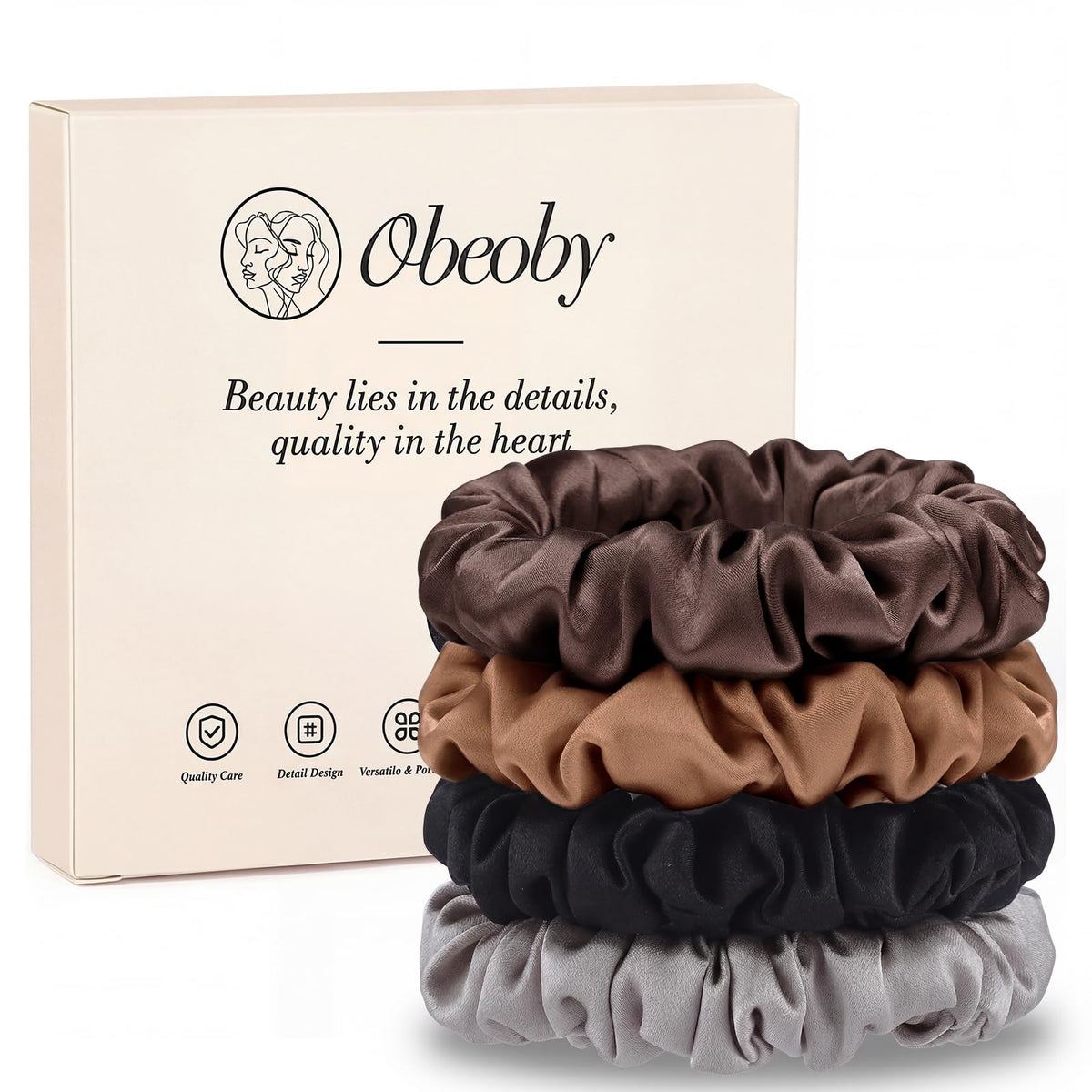 obeoby front packaging showing the box and wrapped silk scrunchies for gifting benefit