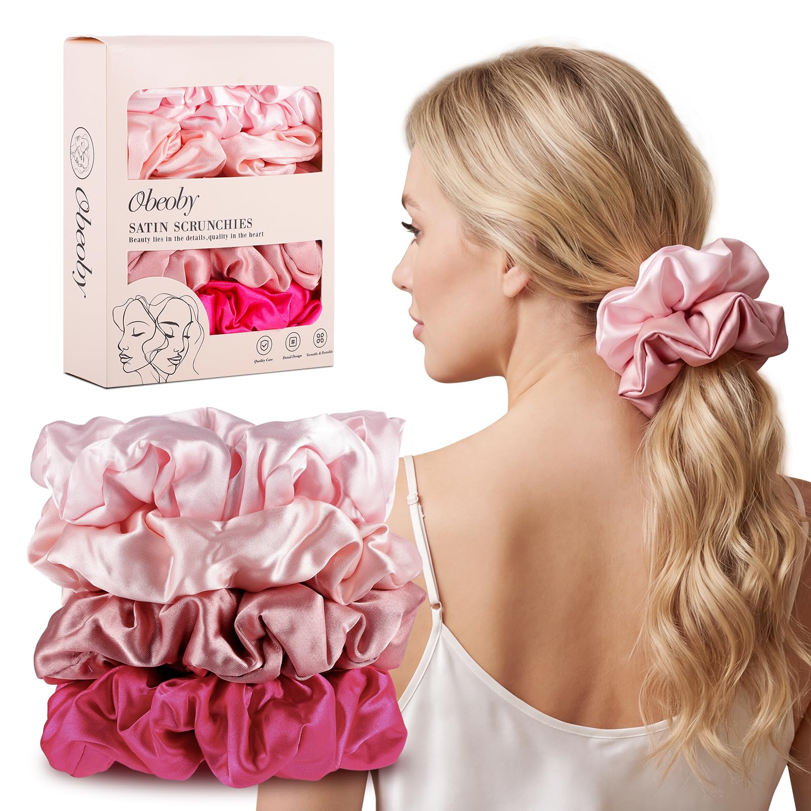 obeoby front packaging showing four satin scrunchies, convenient gift
