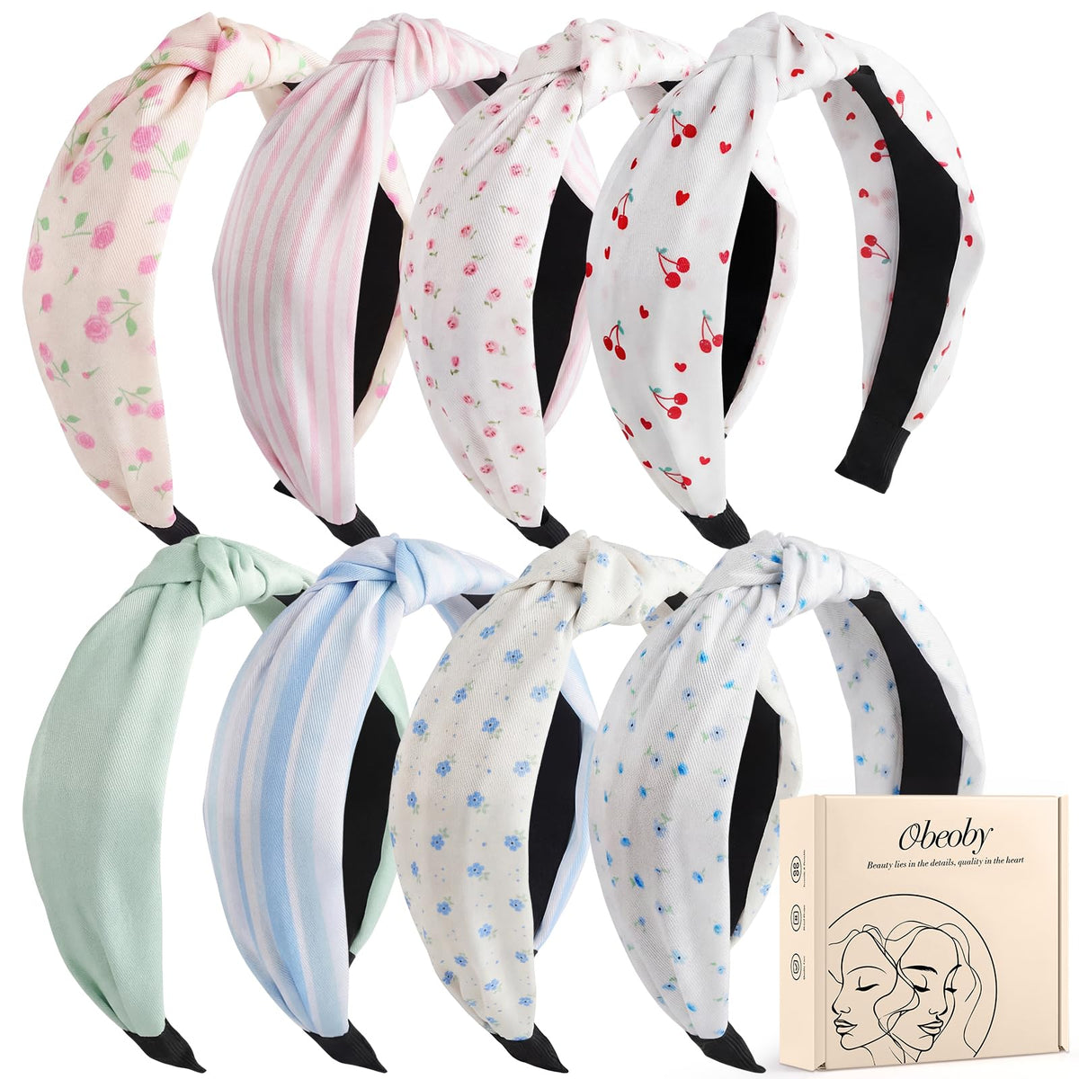 obeoby front view of eight floral headbands showing variety and vibrant colors