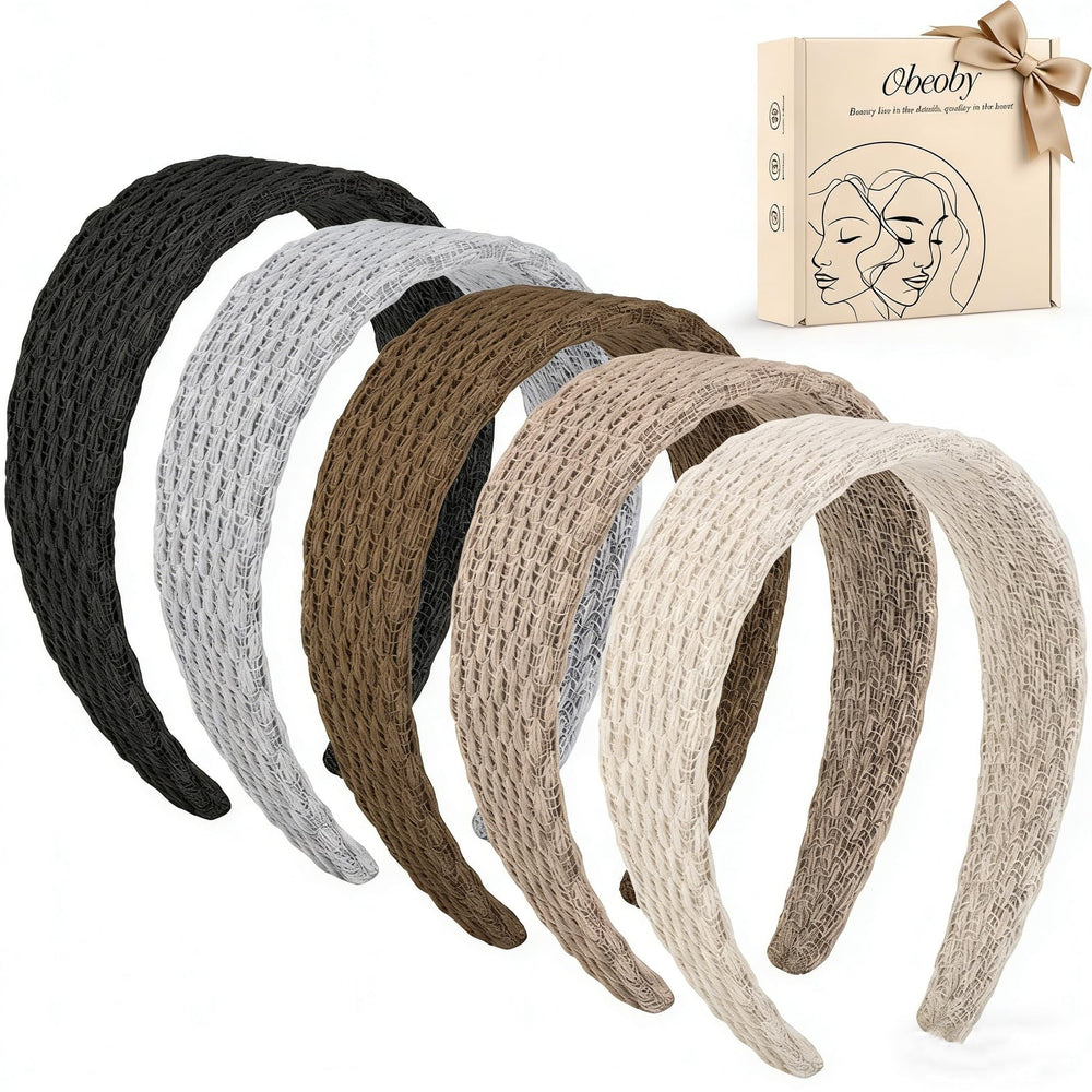 obeoby front view packaging showing five neutral headbands and convenience