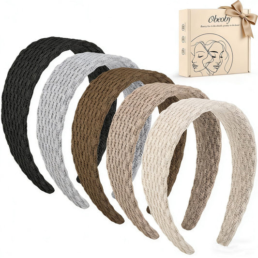obeoby front view packaging showing five neutral headbands and convenience