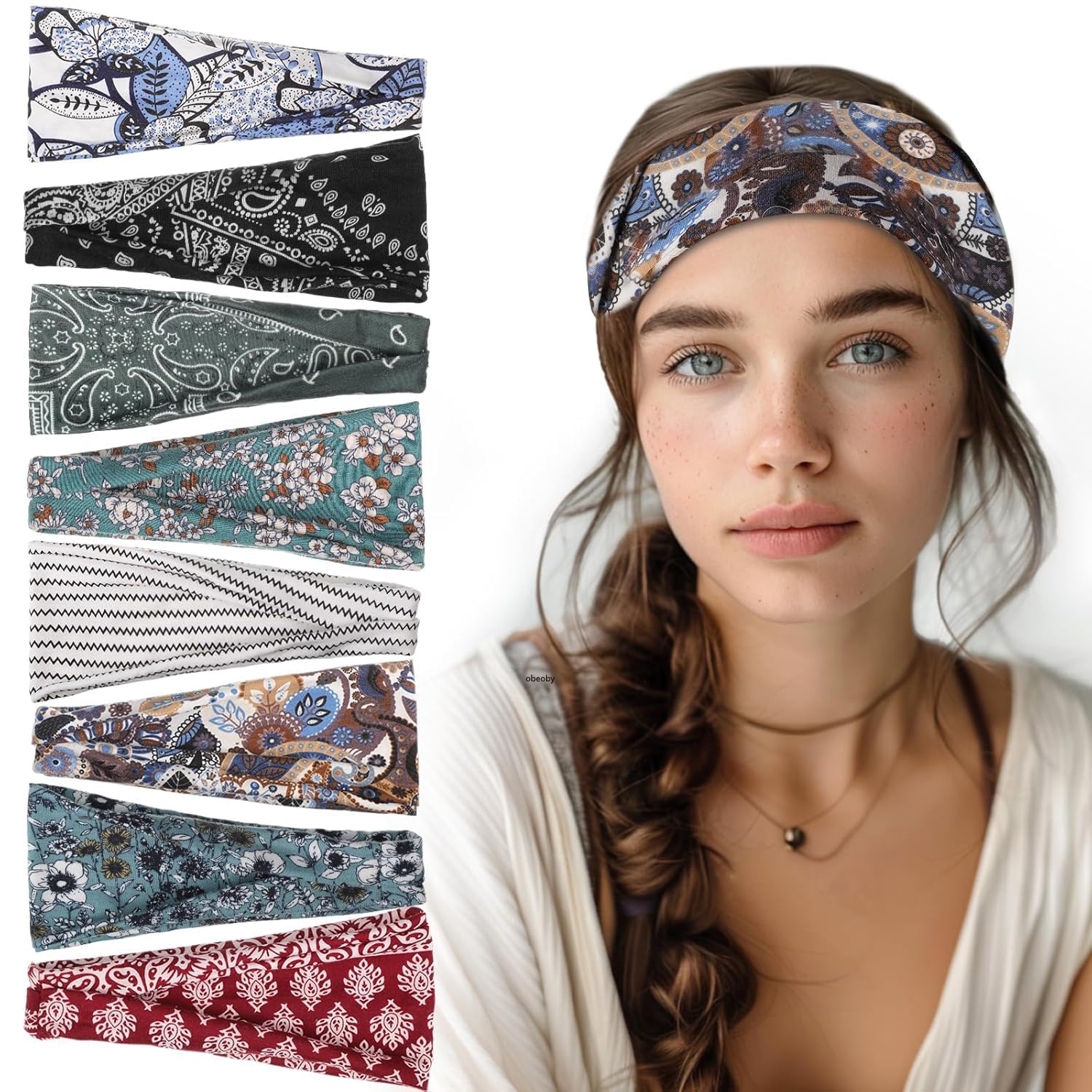 obeoby front view showing full patterned headband and easy styling benefit