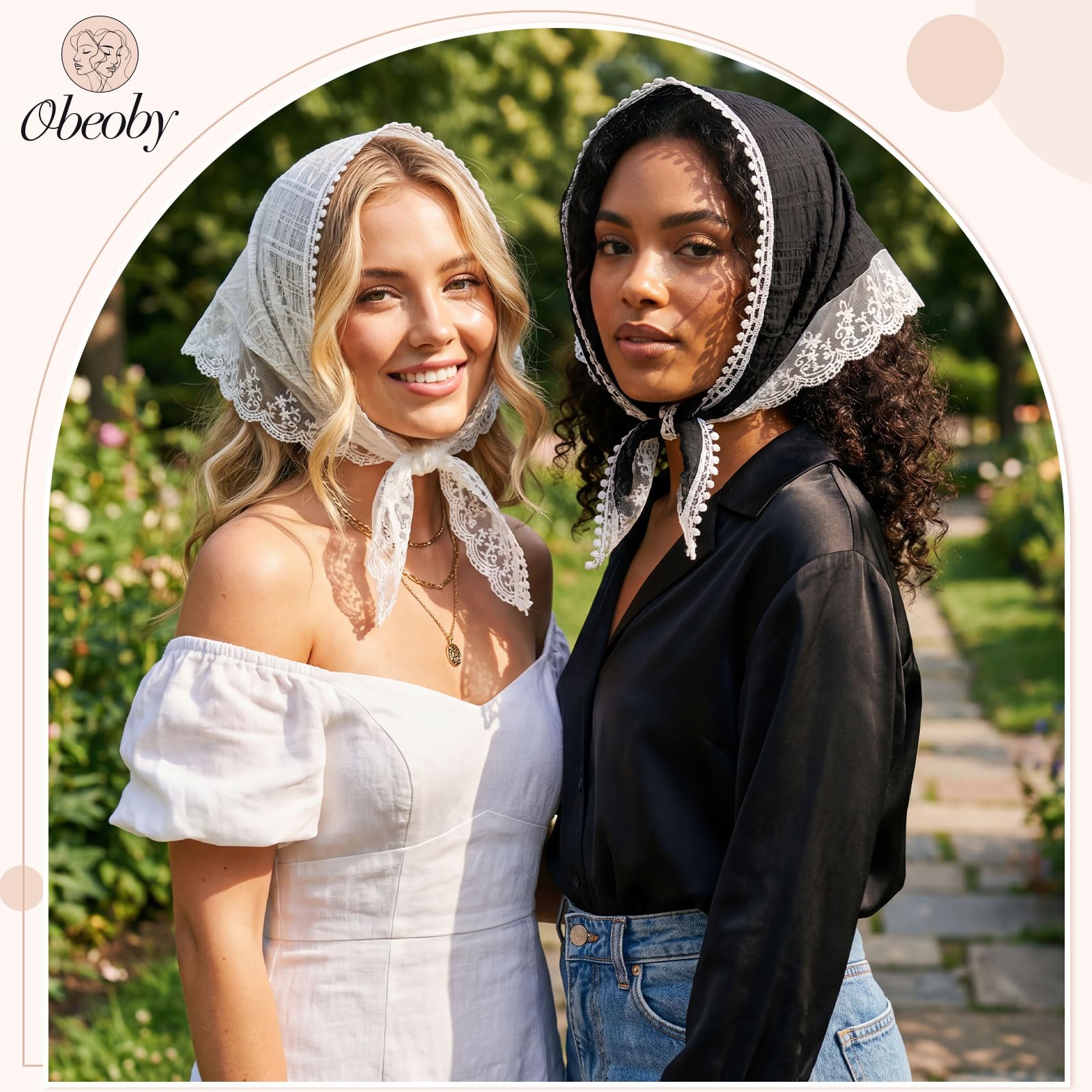 obeoby model wearing white lace headscarf styled for bridal look adding soft romantic finish