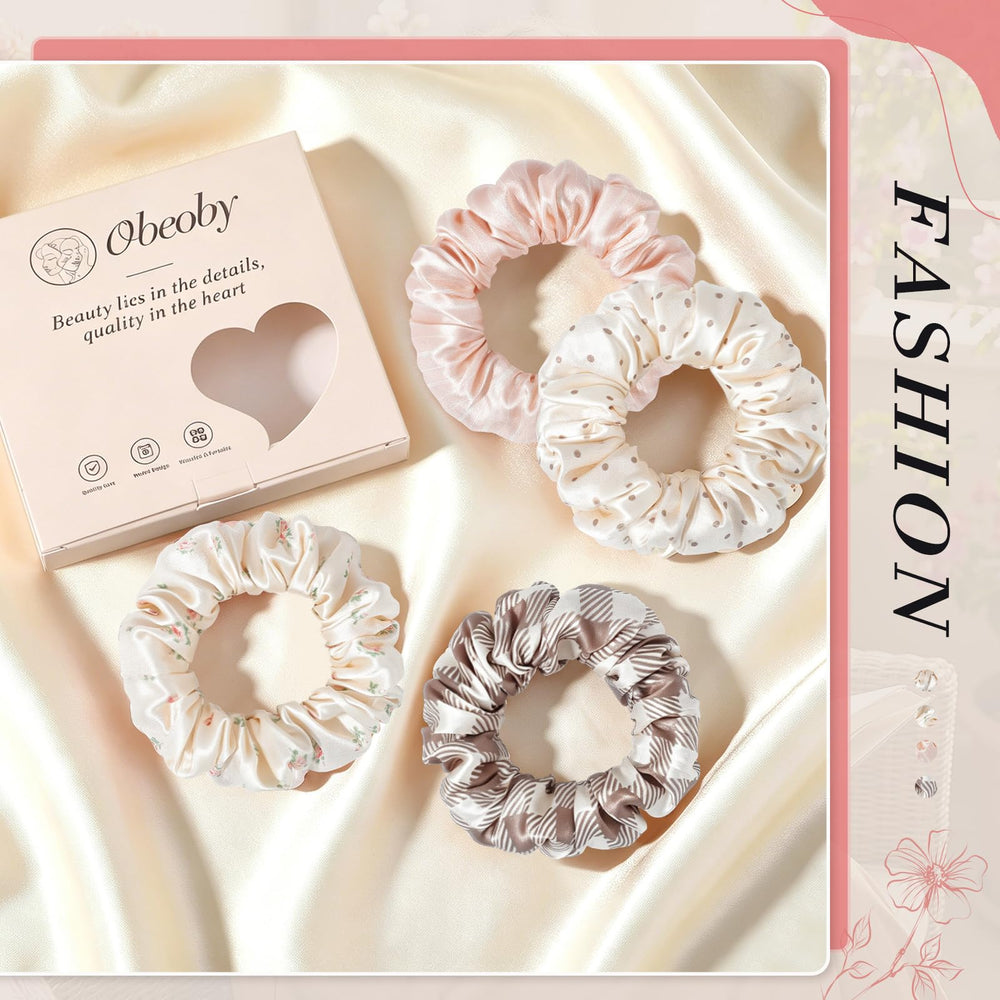 obeoby open gift box display showing four mixed-print silk scrunchies for gifting
