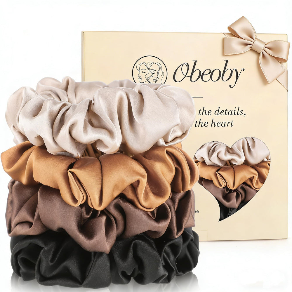 obeoby silk scrunchies front packaging showing four neutral coffee ties and benefits