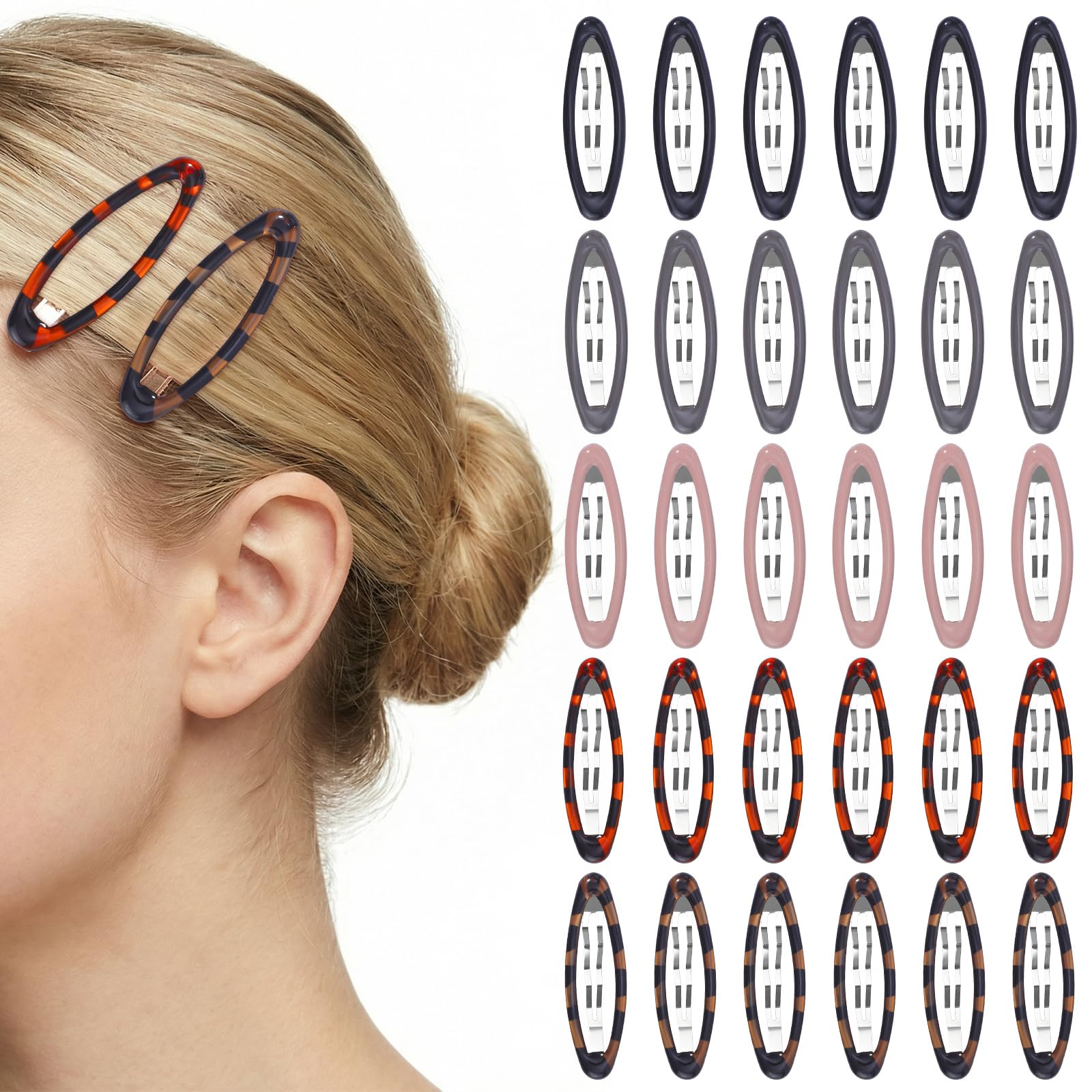 obeoby front view of oval snap clip showing classic tortoise pattern and secure hold