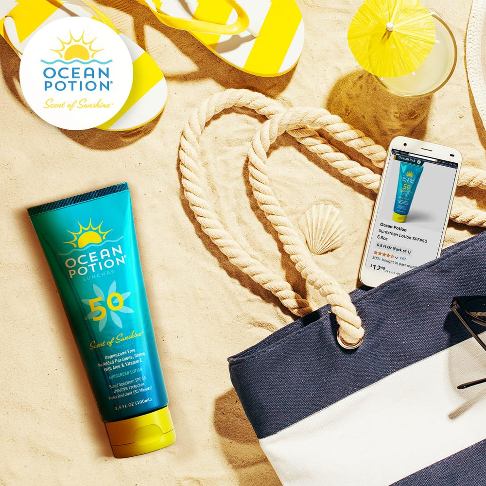 Ocean Potion 6.8 oz bottle next to sunglasses for size and portability benefit