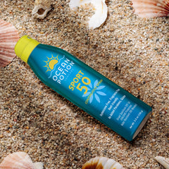 Ocean Potion ingredients label closeup highlighting vitamin E and aloe