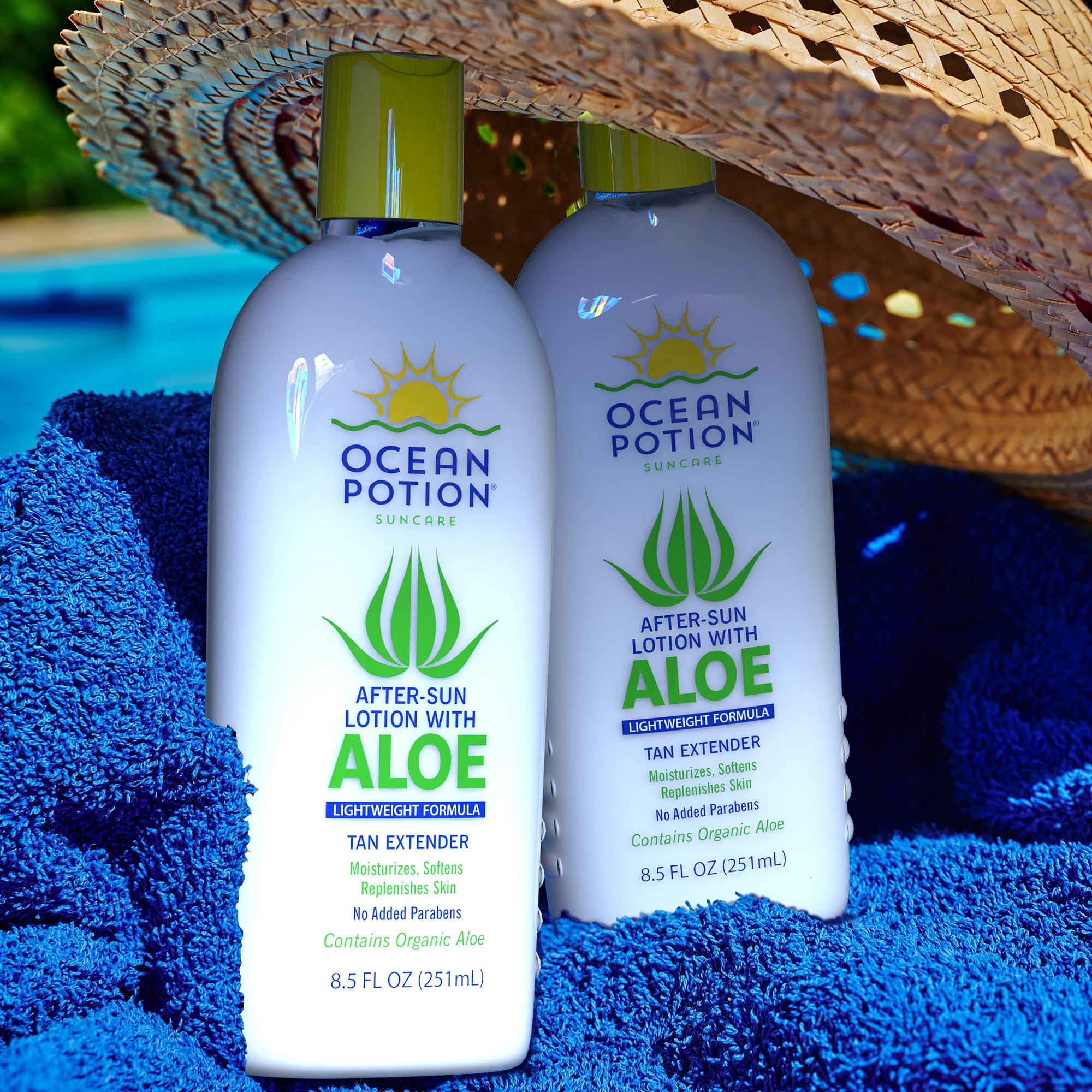 Ocean Potion bottle on beach towel suggesting post-sun soothing benefit