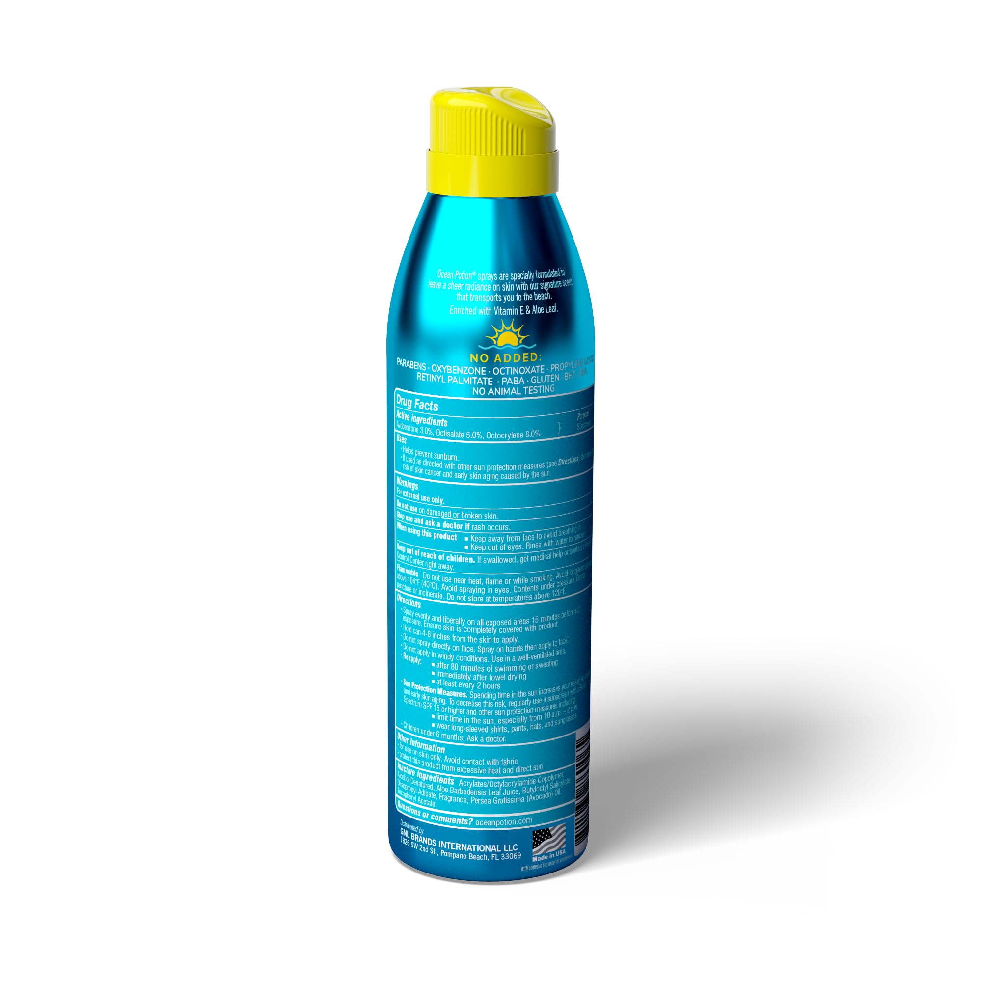 Ocean Potion side label displaying ingredients and water-resistant claim