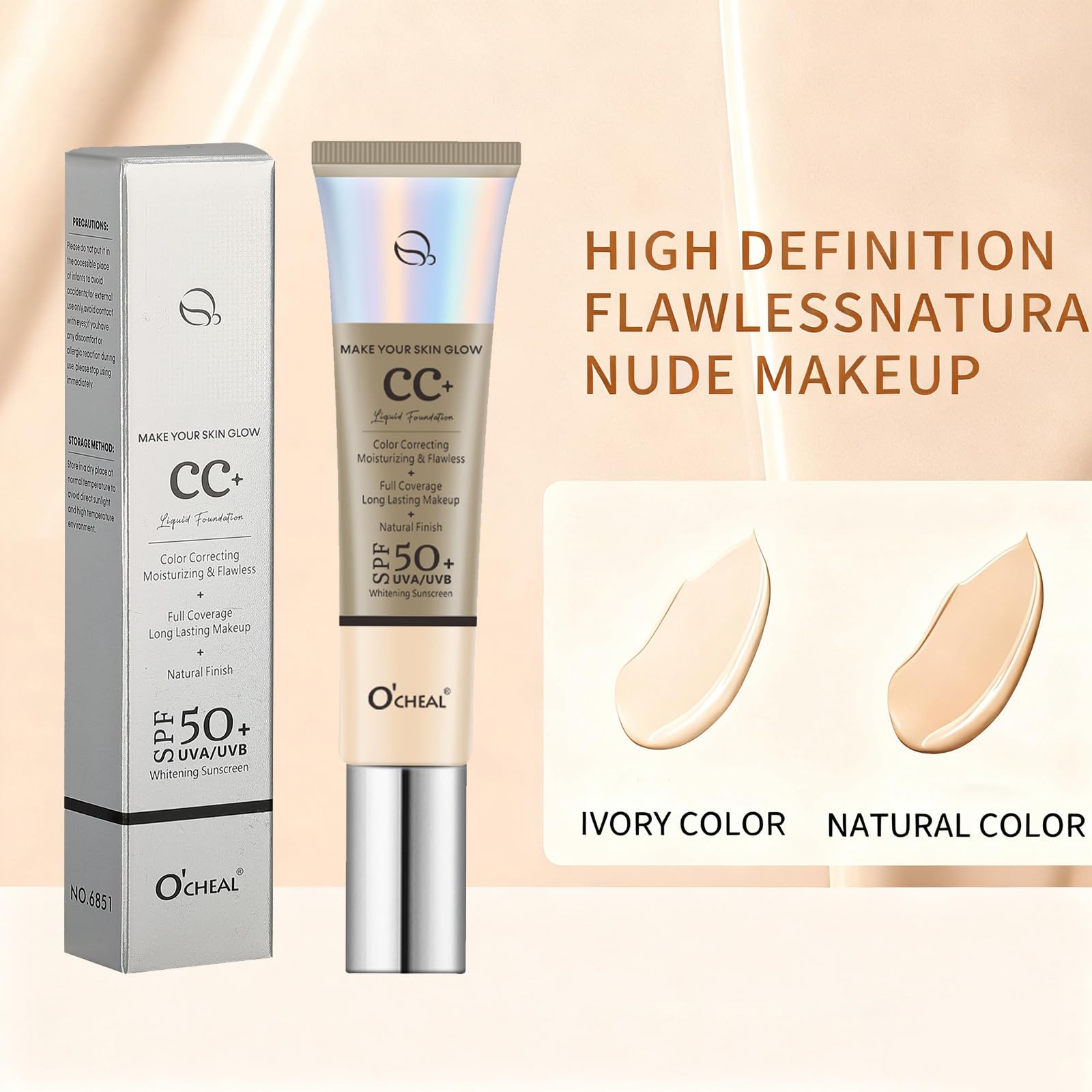 O'CHEAL SPF 50+ label close-up showing sun protection benefit