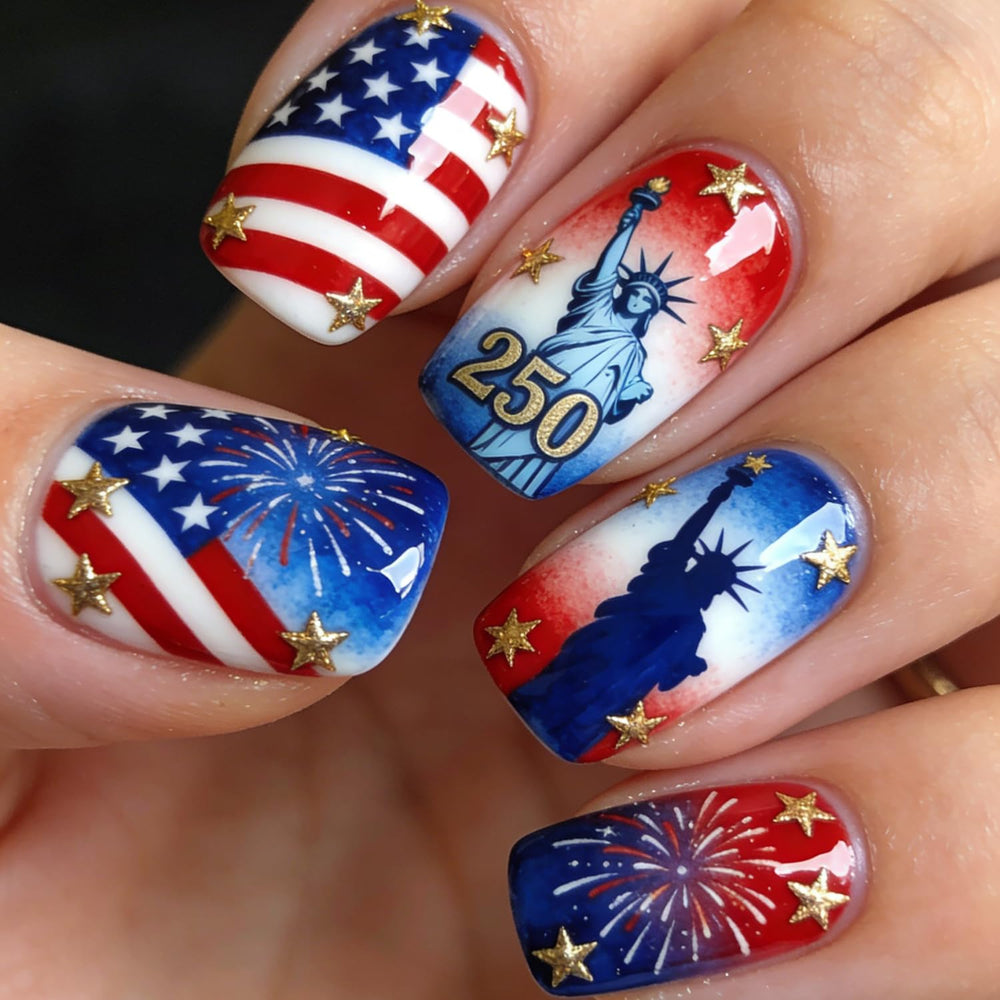 OCOUYVD front packaging showing 24-piece patriotic nail set and easy application