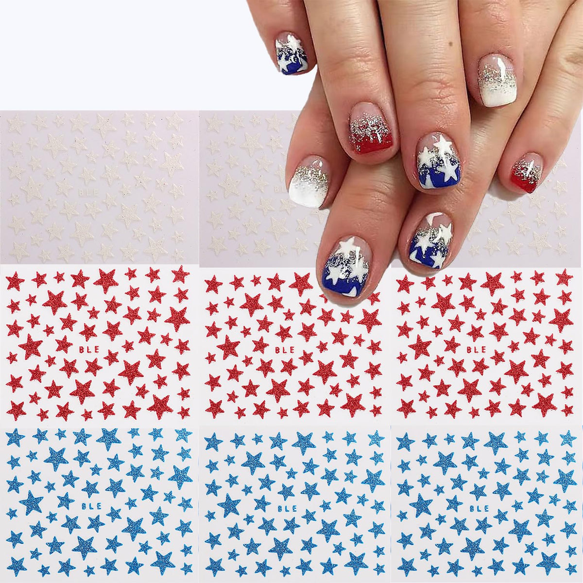 OCOUYVD front packaging showing patriotic nail sticker sheets and branding, easy holiday styling