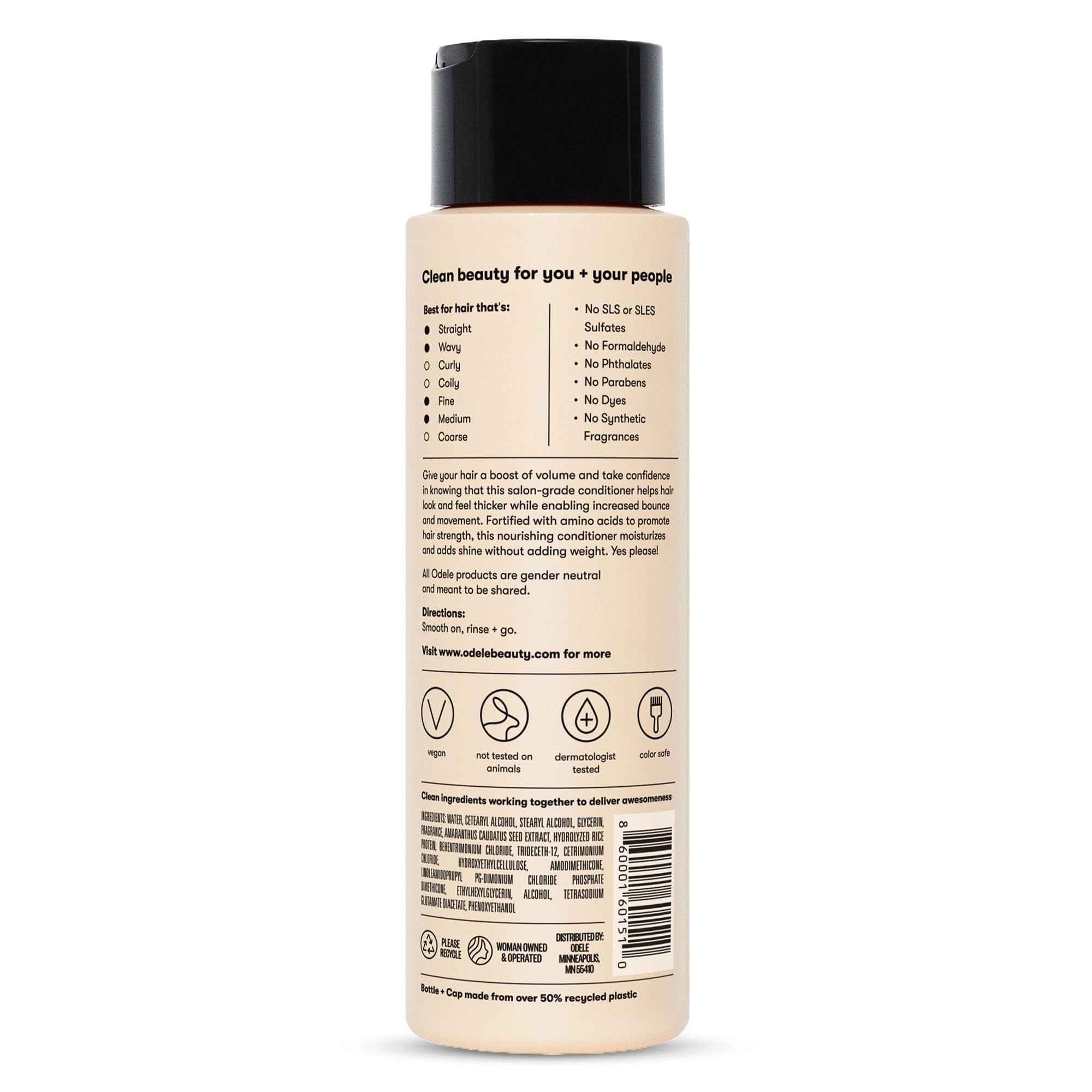 Odele conditioner beside volumizing shampoo showing regimen benefits