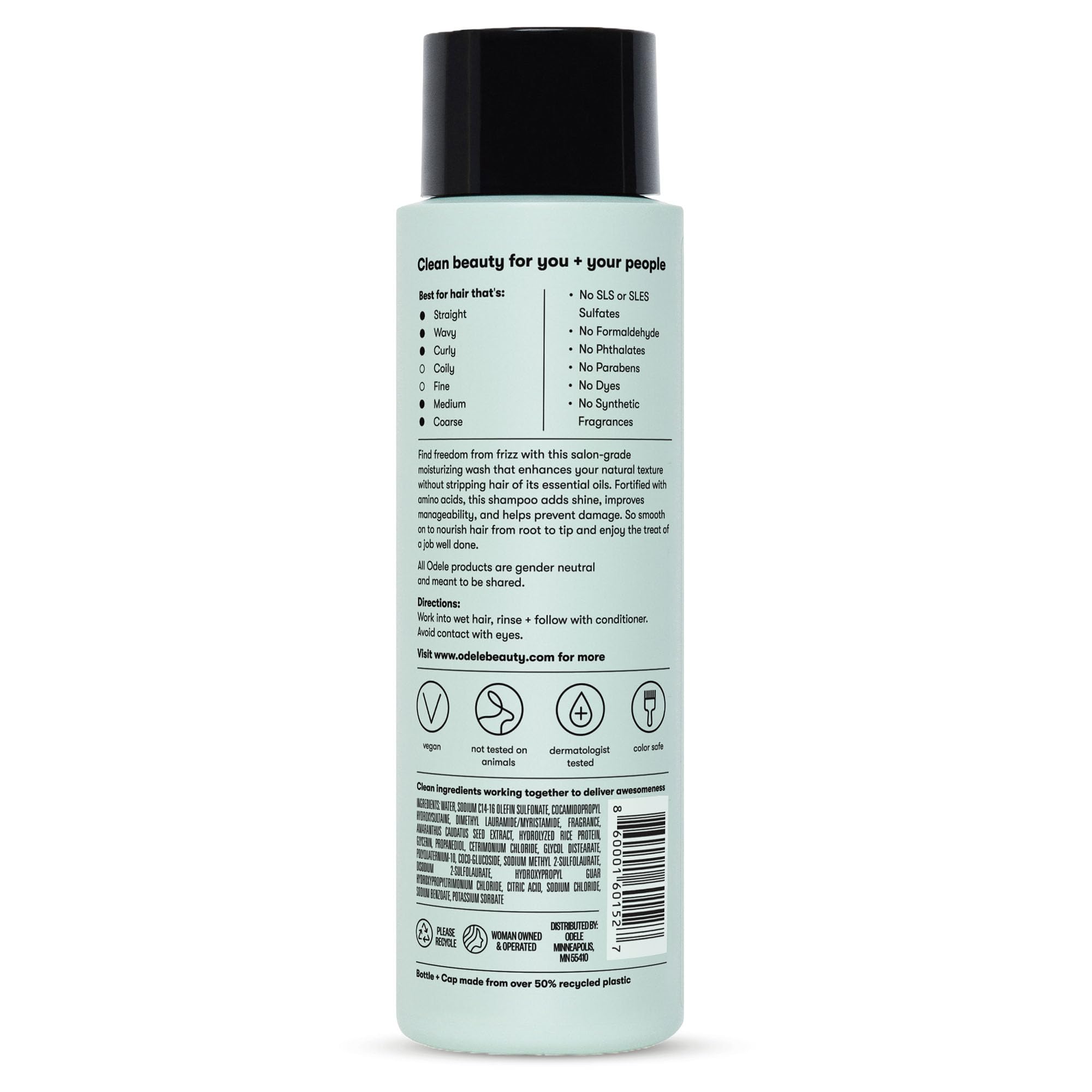 Odele on bathroom shelf styling scene conveying salon-quality routine