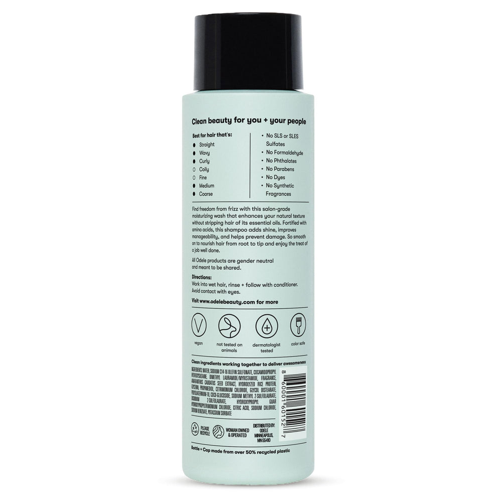 Odele on bathroom shelf styling scene conveying salon-quality routine