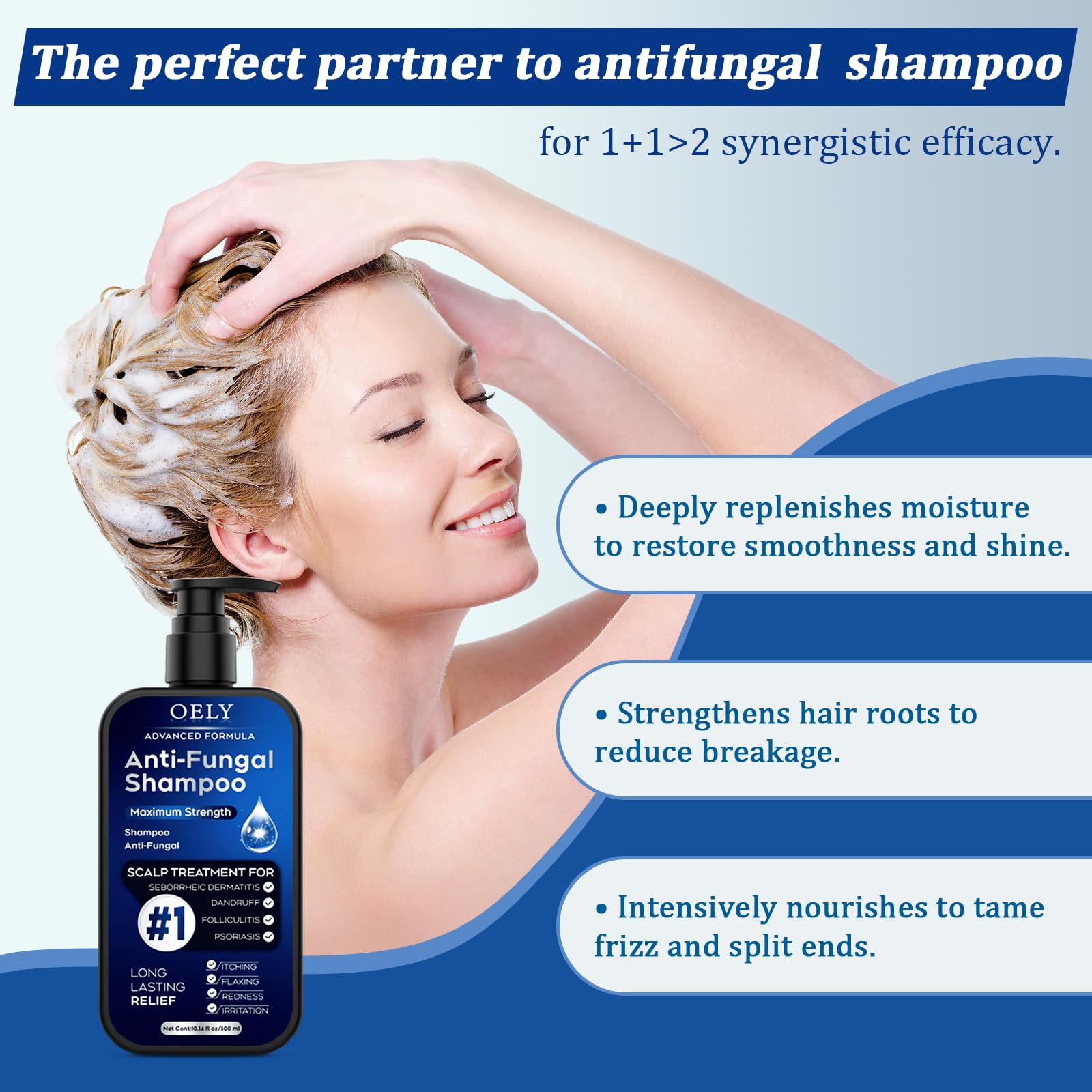 oely before-and-after hair comparison demonstrating reduced flakes and shine