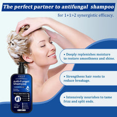 oely before-and-after hair comparison demonstrating reduced flakes and shine