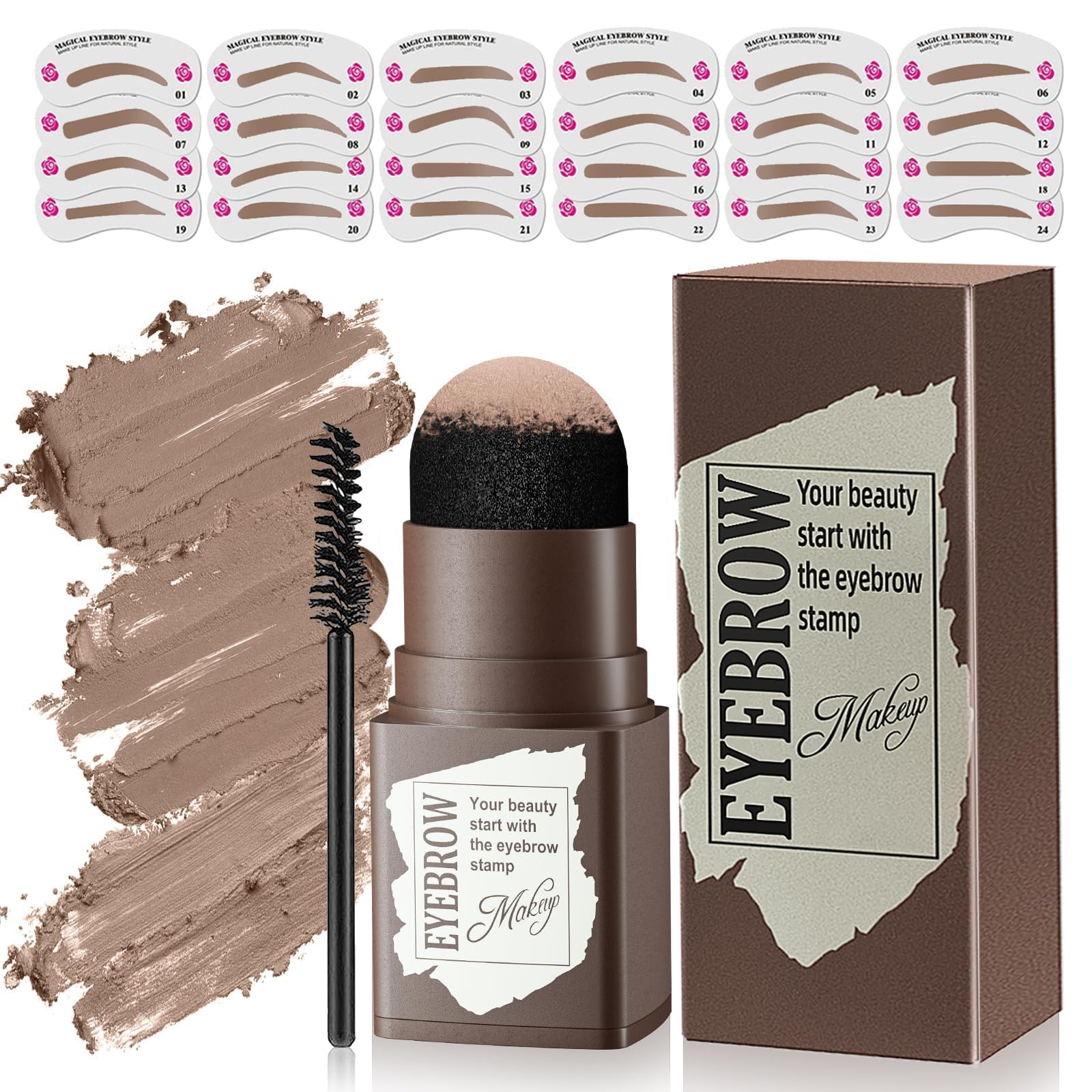 OETUIOW front packaging showing full eyebrow stamp kit and contents for convenience