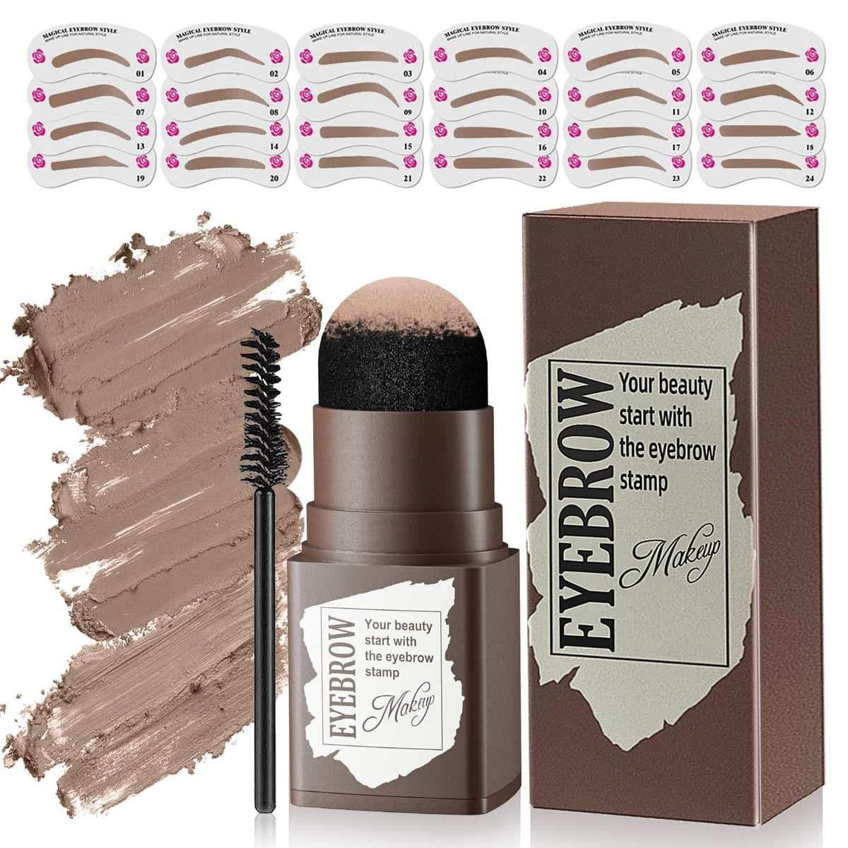 OETUIOW front packaging showing full eyebrow stamp kit and contents for convenience