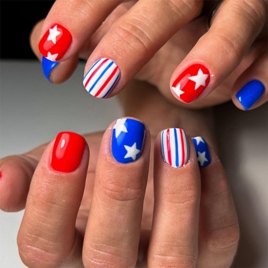 OFDNE front packaging showing 24-piece patriotic press-on nails for quick styling