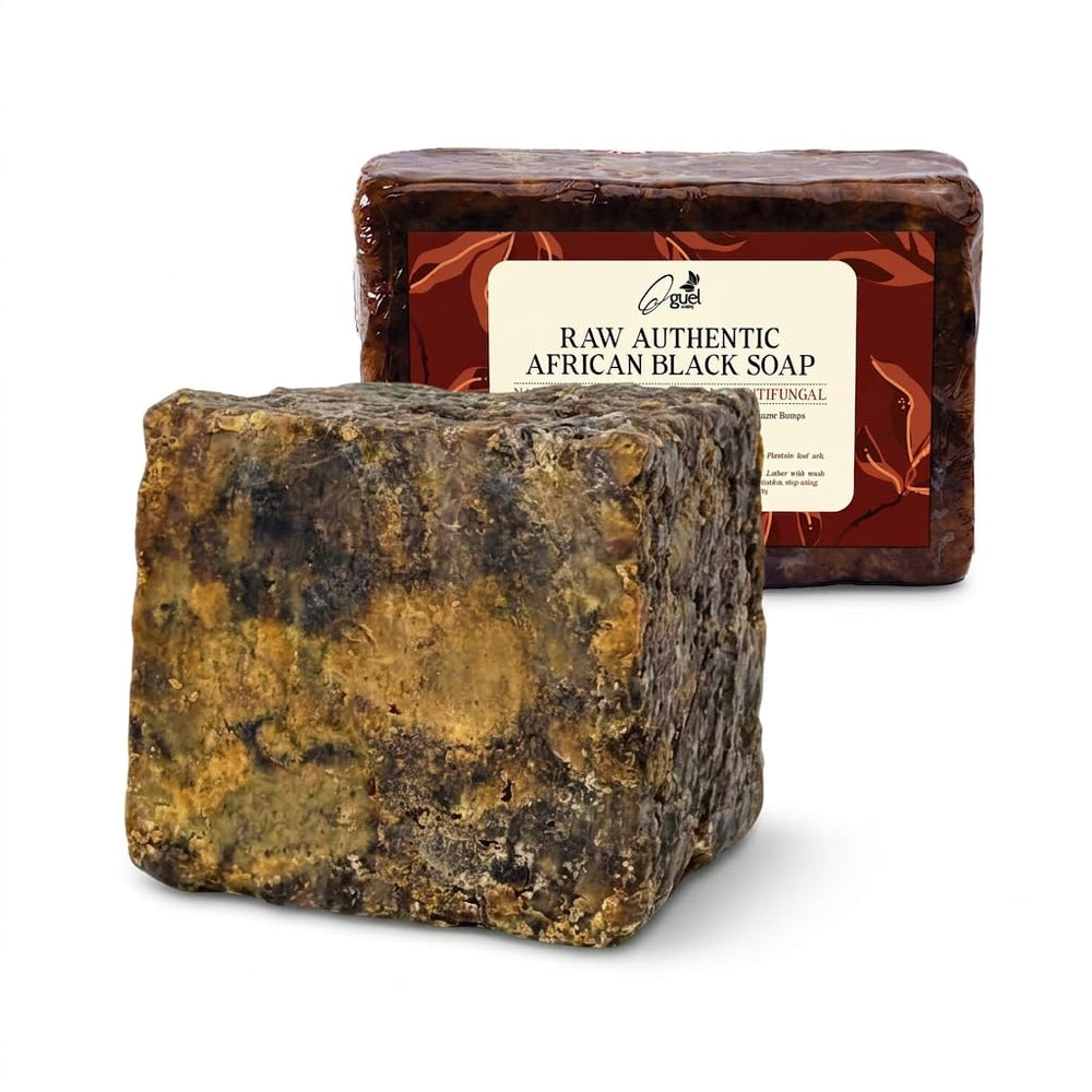 Oguel Beauty front packaging of 8oz raw African black soap showing natural bar benefit