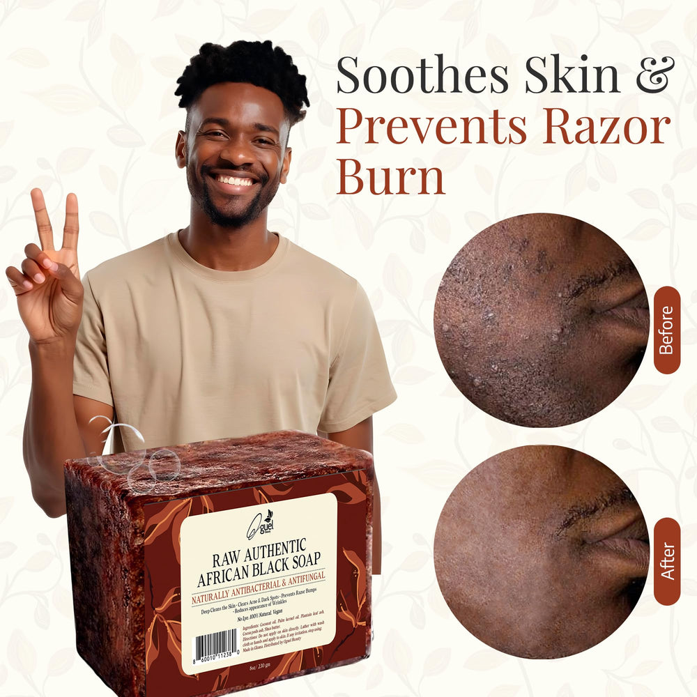 Oguel Beauty ingredients flatlay with shea, coconut, cocoa ash highlighting nourishing benefit