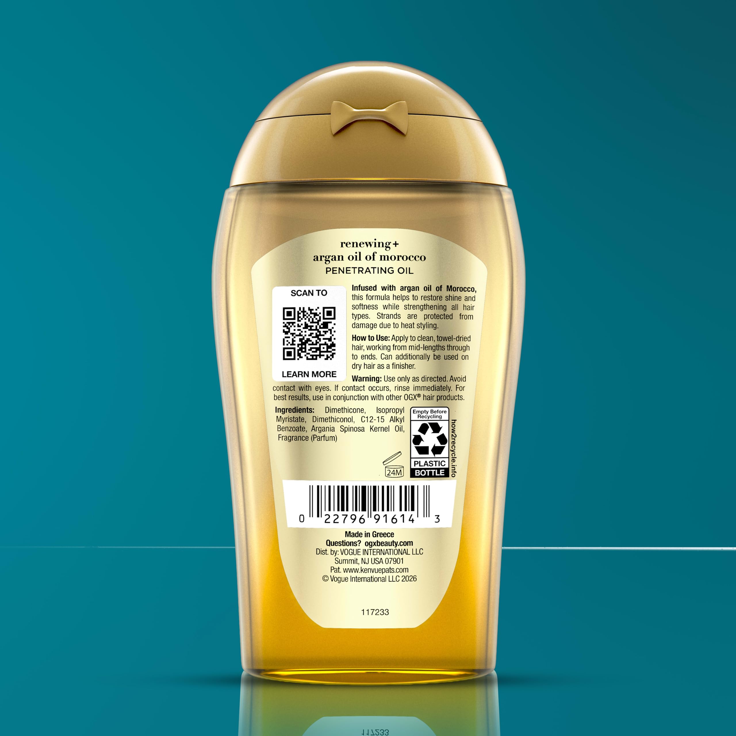 OGX argan oil on bathroom shelf in lifestyle setting for daily hair-care routine