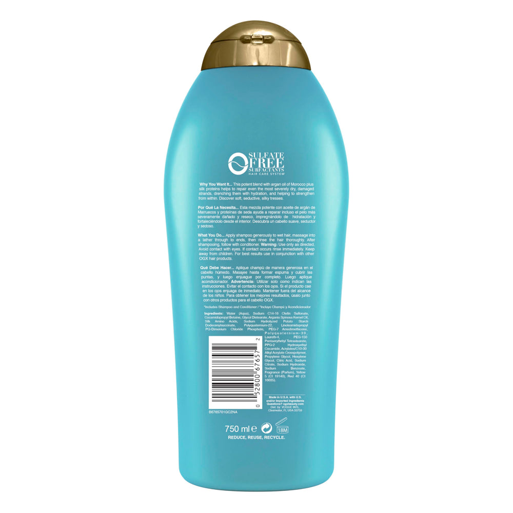 OGX shampoo on bathroom shelf in lifestyle scene suggesting daily care ritual