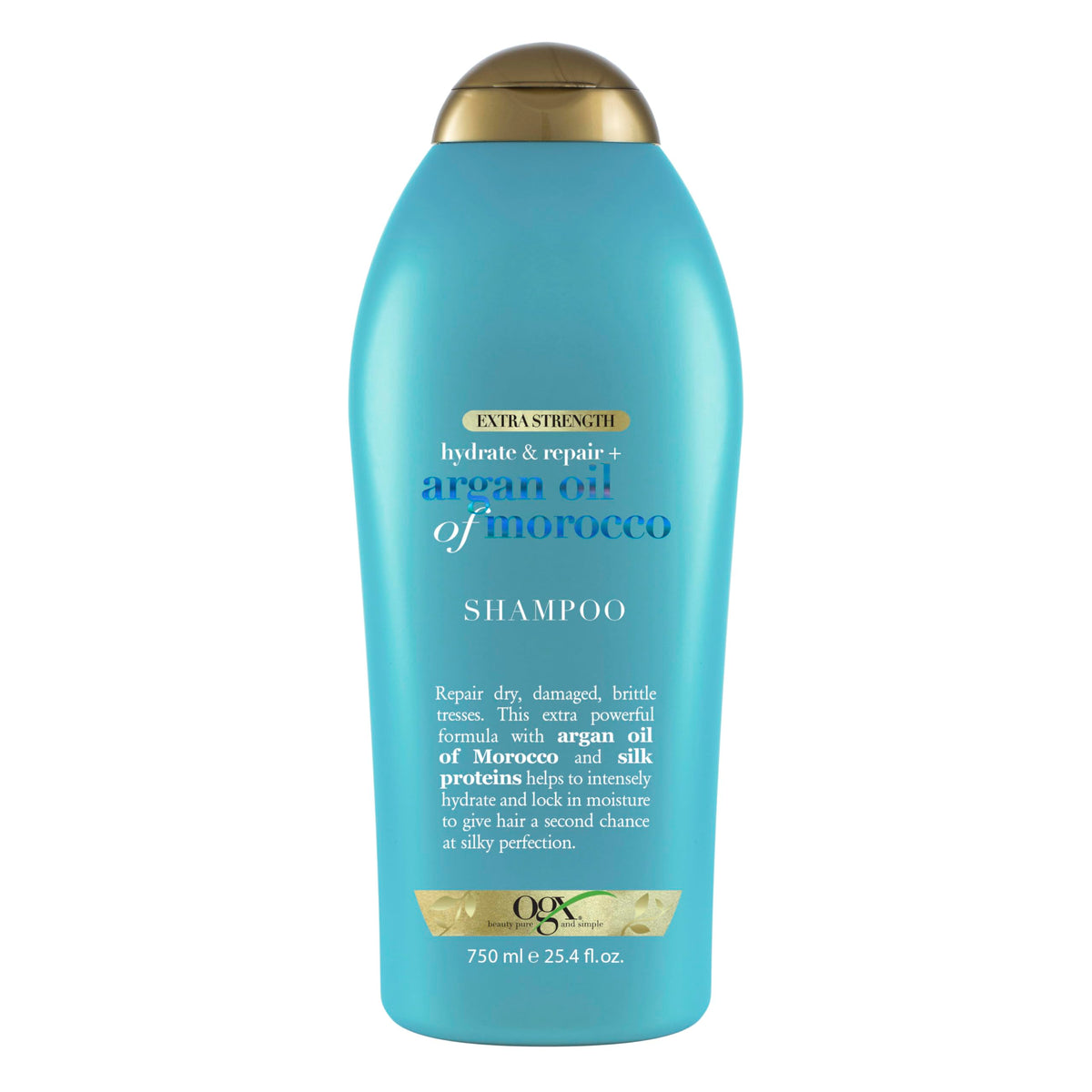 OGX front bottle view showing label and 25.4 fl oz size with moisturizing benefit