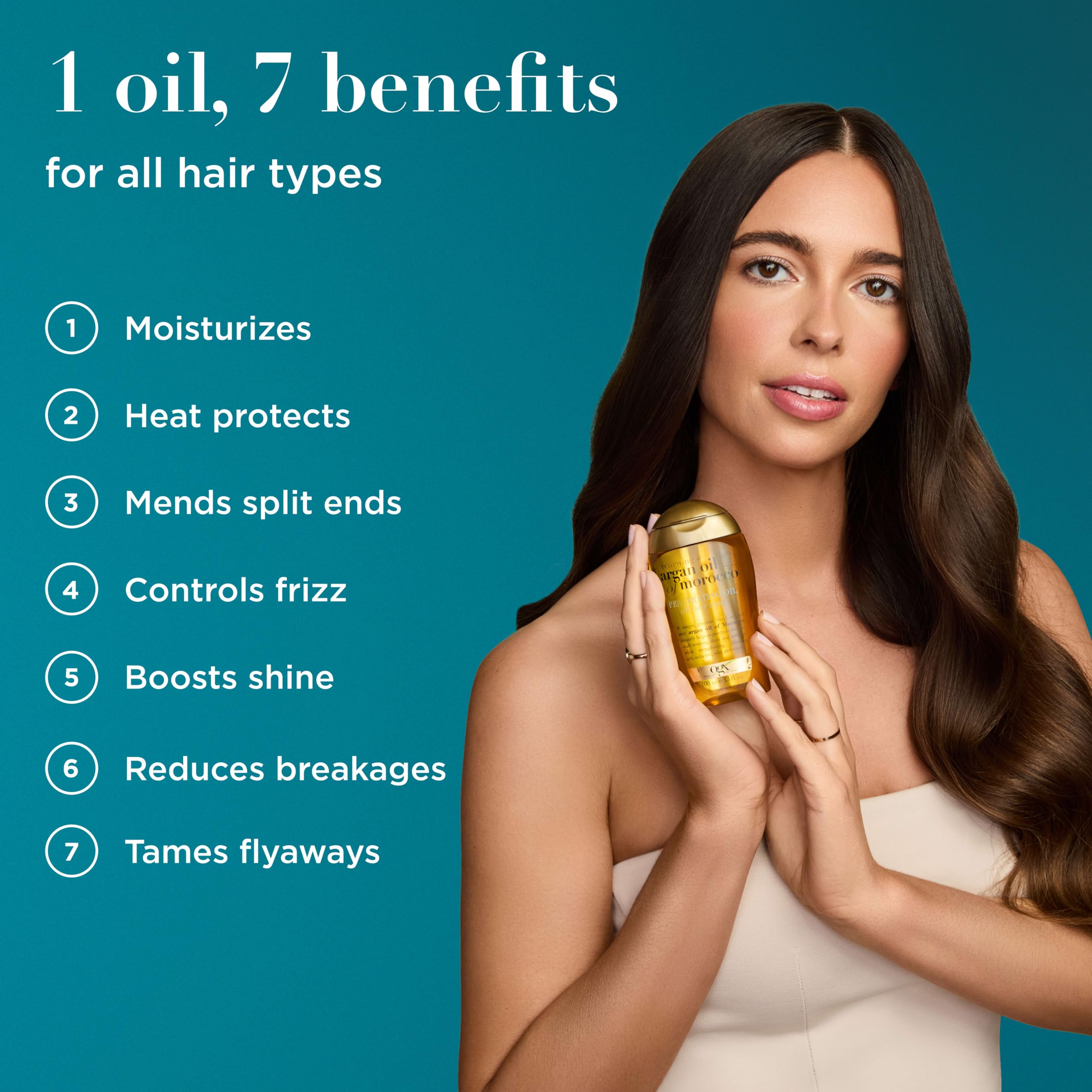 OGX argan oil texture on hands demonstrating easy spreadability for smooth hair